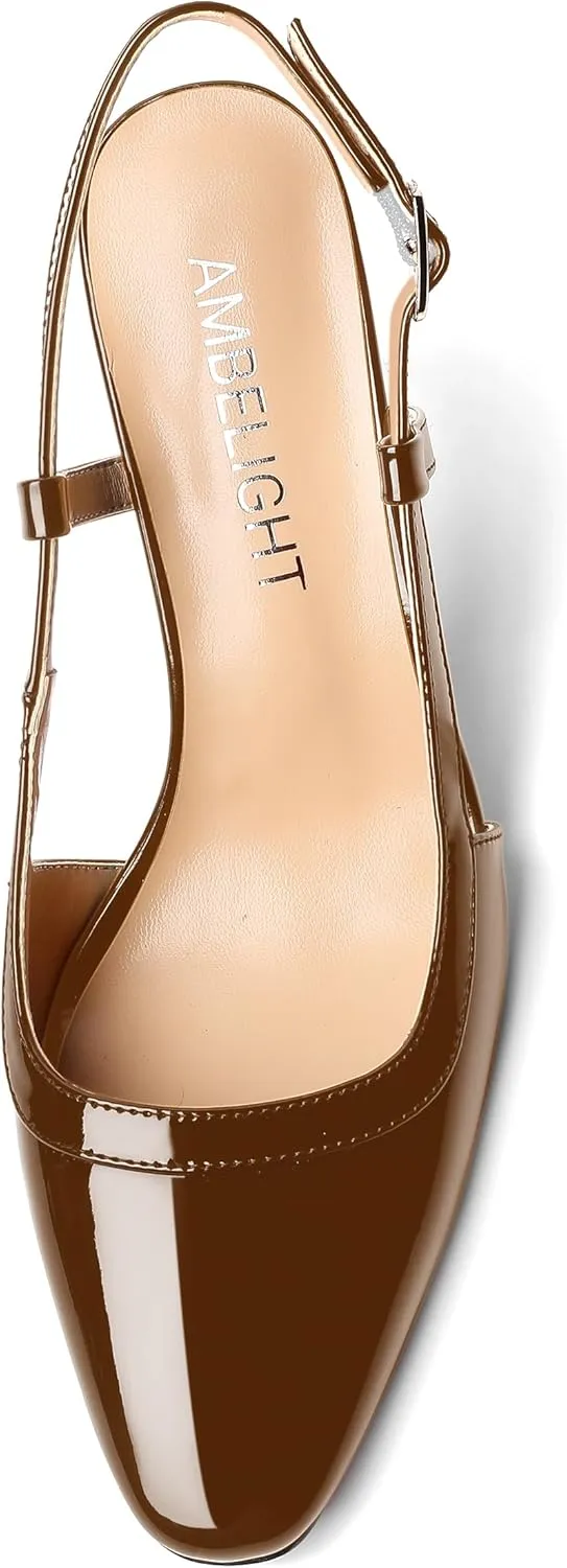 AMBELIGHT Womens Square Toe Buckle Office Slingback Dress Patent Stiletto High Heel Pumps Shoes 3.3 Inch