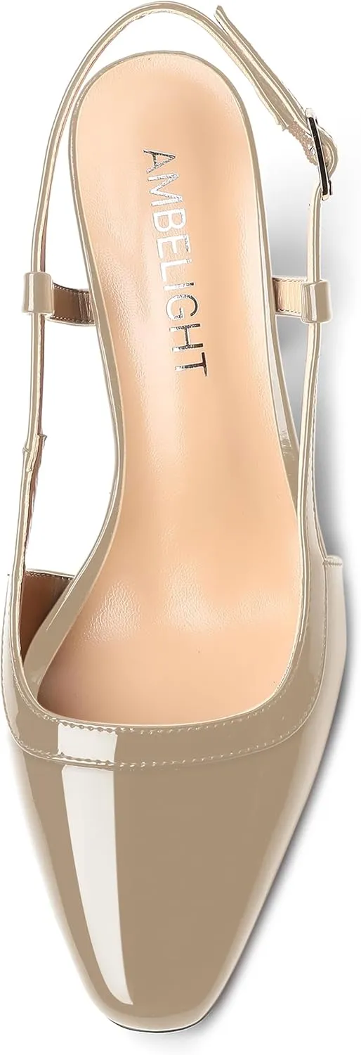 AMBELIGHT Womens Square Toe Dress Patent Adjustable Strap Buckle Office Block High Heel Pumps Shoes 3.3 Inch