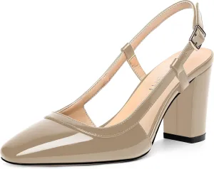 AMBELIGHT Womens Square Toe Dress Patent Adjustable Strap Buckle Office Block High Heel Pumps Shoes 3.3 Inch