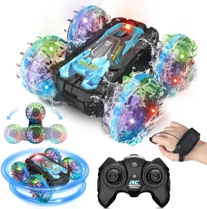 Amphibious Trucks Toys for Kids, 2.4GHz Gesture Remote Control Boat Truck, 4WD Waterproof Amphibious Trucks with Lights, All Terrain Water Beach Pool Toys Gifts for Boys Girls Ages 6-12