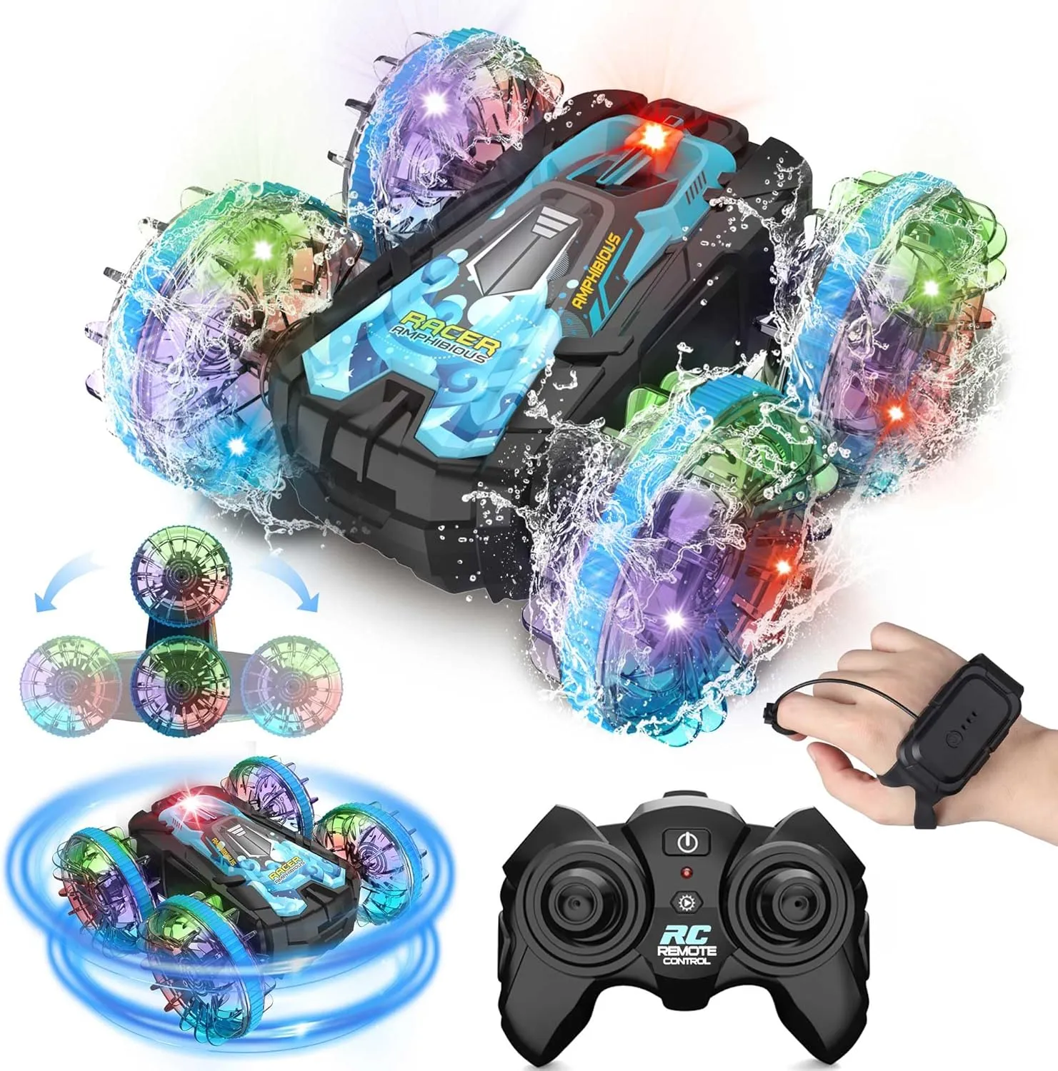 Amphibious Trucks Toys for Kids, 2.4GHz Gesture Remote Control Boat Truck, 4WD Waterproof Amphibious Trucks with Lights, All Terrain Water Beach Pool Toys Gifts for Boys Girls Ages 6-12