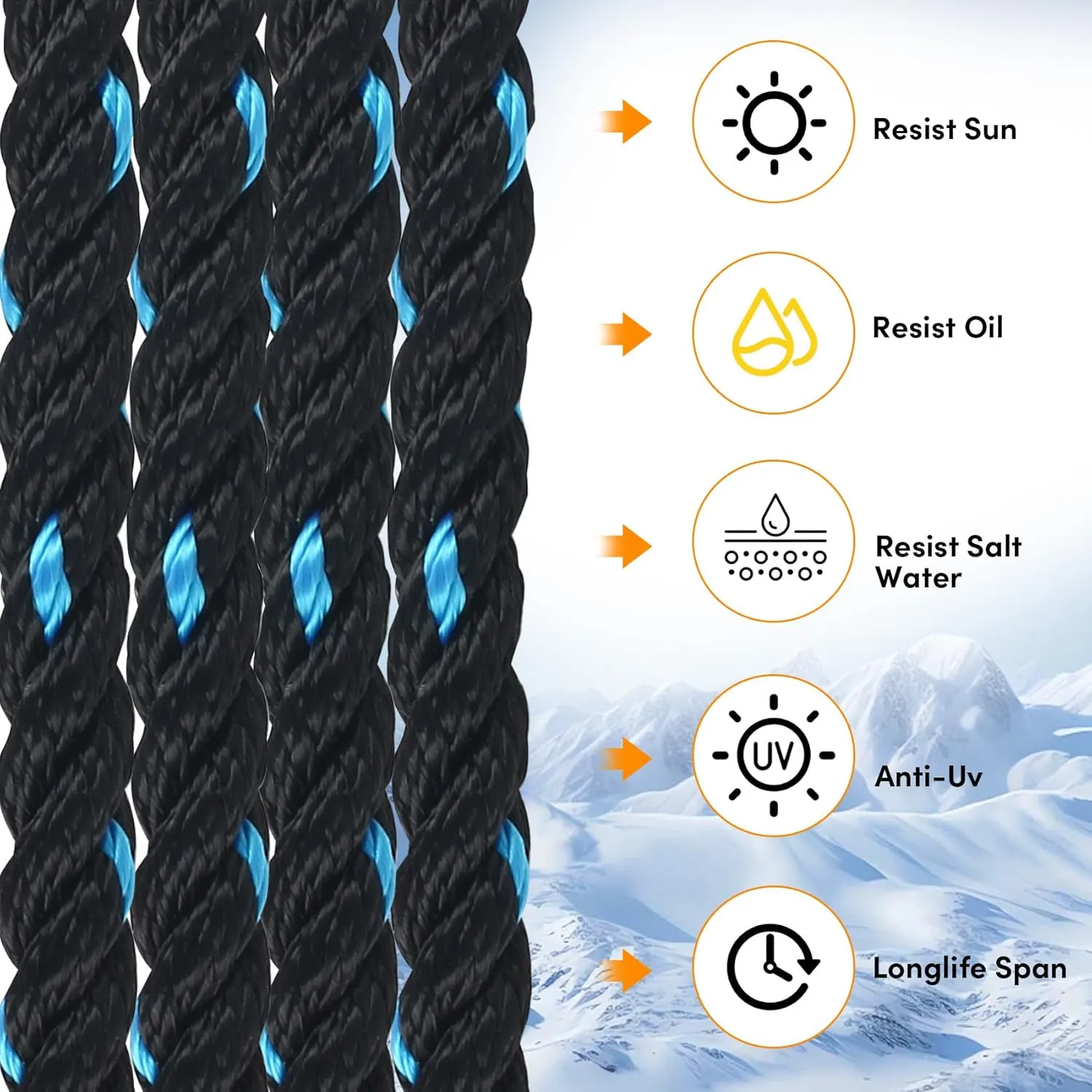 Anchor Rope 100 ft X 1/2 inch, 3-Strand Twisted Nylon Anchor Line, Boat Rope with Stainless Steel Thimble and Shackle for Boating, Anchoring, Mooring,Pulling (Black/Blue)