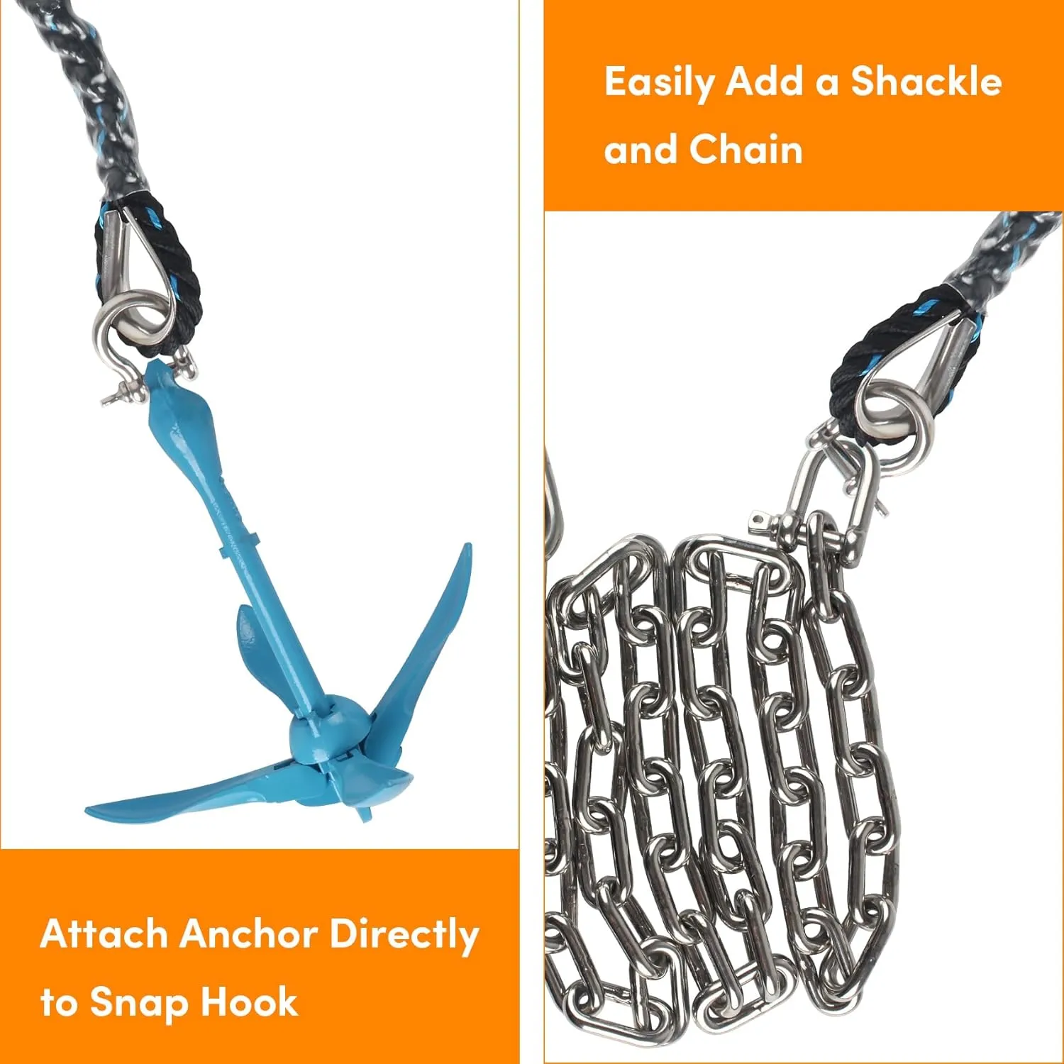 Anchor Rope 100 ft X 1/2 inch, 3-Strand Twisted Nylon Anchor Line, Boat Rope with Stainless Steel Thimble and Shackle for Boating, Anchoring, Mooring,Pulling (Black/Blue)