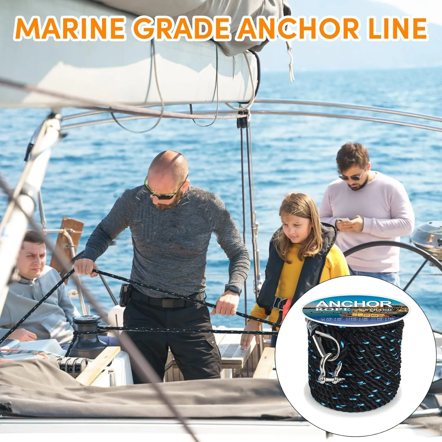 Anchor Rope 100 ft X 1/2 inch, 3-Strand Twisted Nylon Anchor Line, Boat Rope with Stainless Steel Thimble and Shackle for Boating, Anchoring, Mooring,Pulling (Black/Blue)