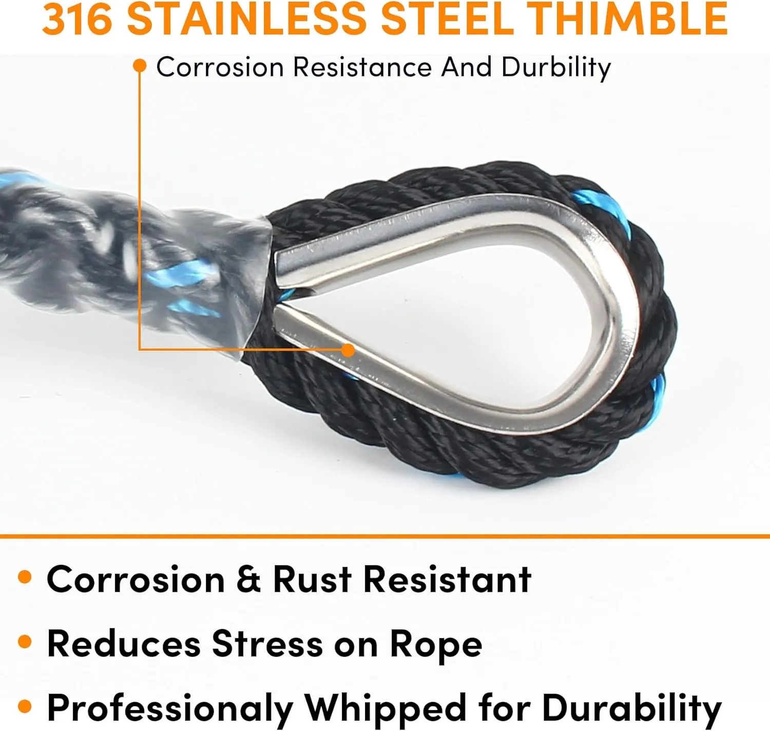 Anchor Rope 100 ft X 1/2 inch, 3-Strand Twisted Nylon Anchor Line, Boat Rope with Stainless Steel Thimble and Shackle for Boating, Anchoring, Mooring,Pulling (Black/Blue)