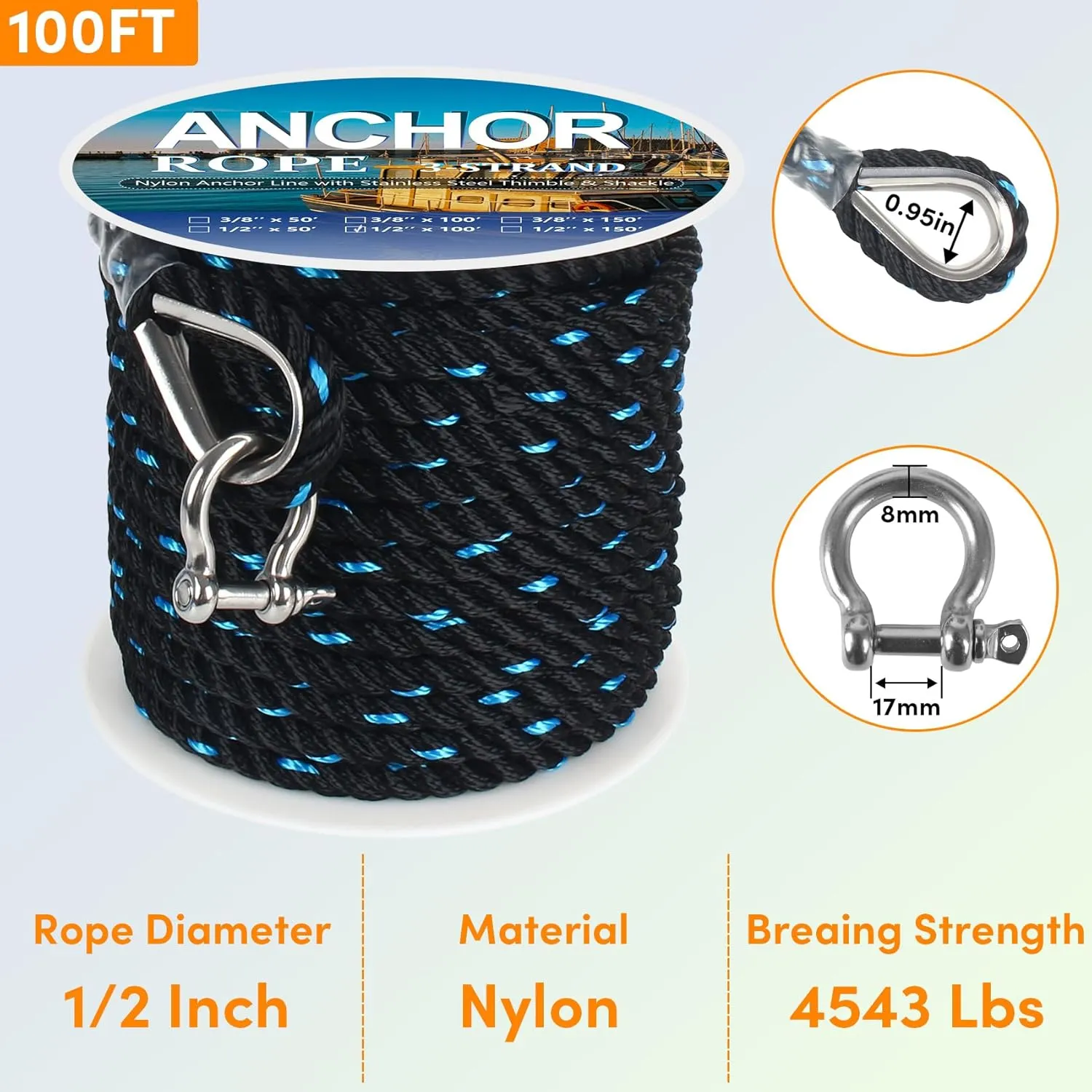 Anchor Rope 100 ft X 1/2 inch, 3-Strand Twisted Nylon Anchor Line, Boat Rope with Stainless Steel Thimble and Shackle for Boating, Anchoring, Mooring,Pulling (Black/Blue)