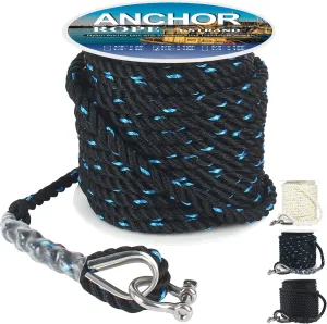 Anchor Rope 100 ft X 1/2 inch, 3-Strand Twisted Nylon Anchor Line, Boat Rope with Stainless Steel Thimble and Shackle for Boating, Anchoring, Mooring,Pulling (Black/Blue)