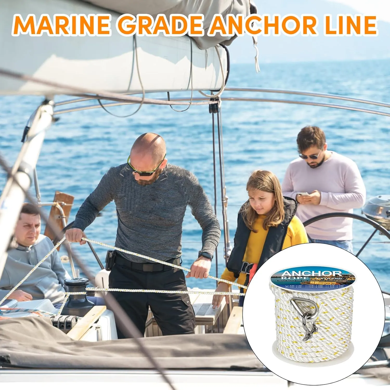 Anchor Rope 100 ft X 1/2 inch, 3-Strand Twisted Nylon Anchor Line, Boat Rope with Stainless Steel Thimble and Shackle for Boating, Anchoring, Mooring,Pulling (White/Yellow)