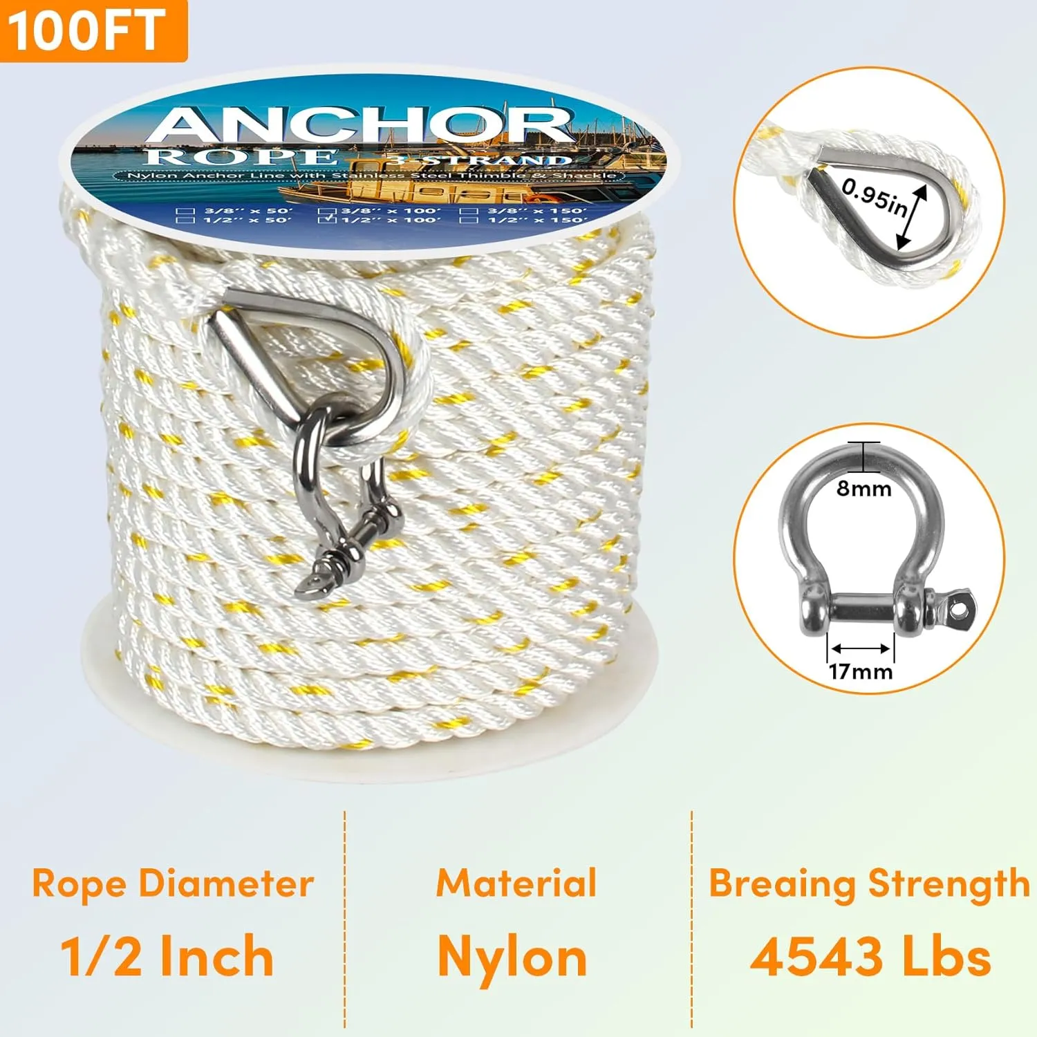 Anchor Rope 100 ft X 1/2 inch, 3-Strand Twisted Nylon Anchor Line, Boat Rope with Stainless Steel Thimble and Shackle for Boating, Anchoring, Mooring,Pulling (White/Yellow)