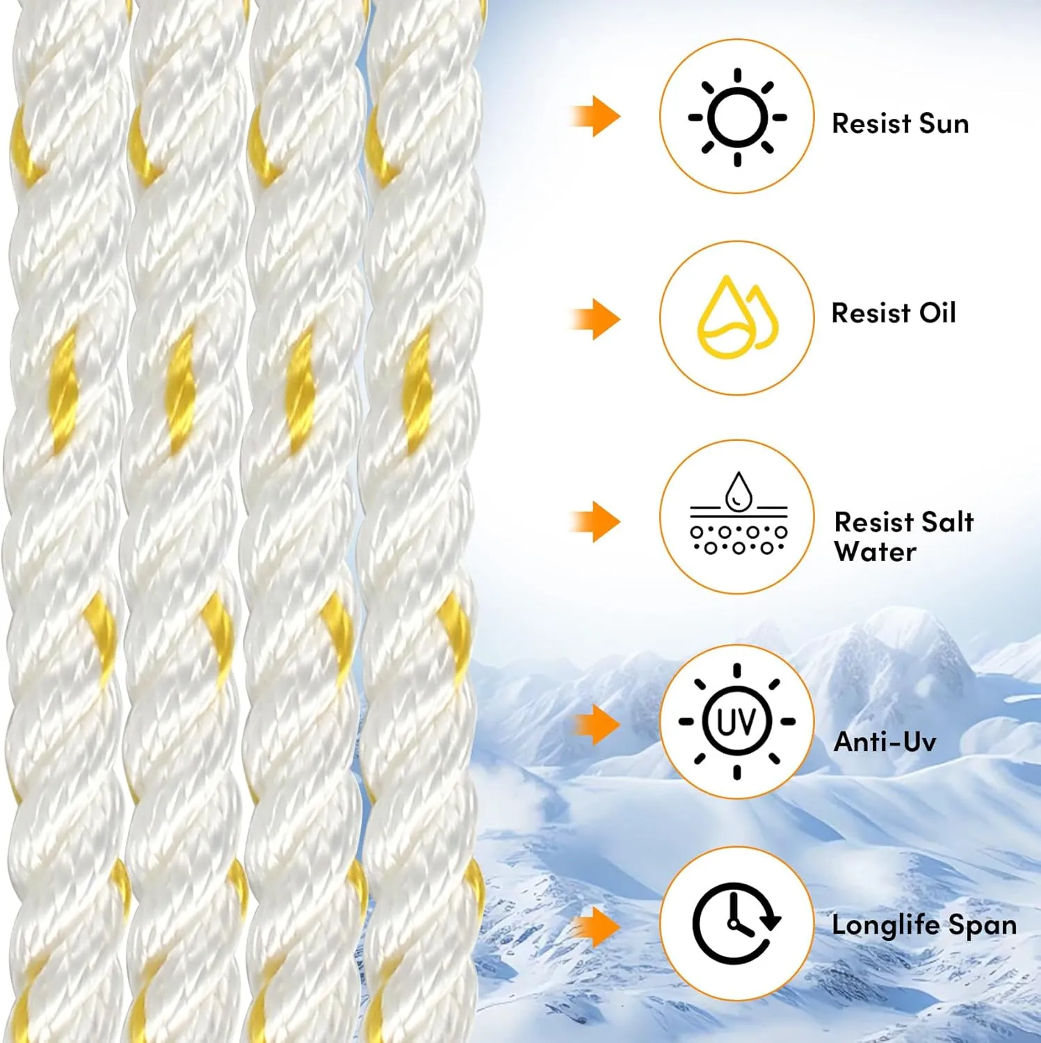 Anchor Rope 100 ft X 1/2 inch, 3-Strand Twisted Nylon Anchor Line, Boat Rope with Stainless Steel Thimble and Shackle for Boating, Anchoring, Mooring,Pulling (White/Yellow)