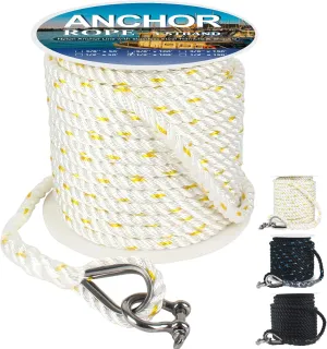 Anchor Rope 100 ft X 1/2 inch, 3-Strand Twisted Nylon Anchor Line, Boat Rope with Stainless Steel Thimble and Shackle for Boating, Anchoring, Mooring,Pulling (White/Yellow)