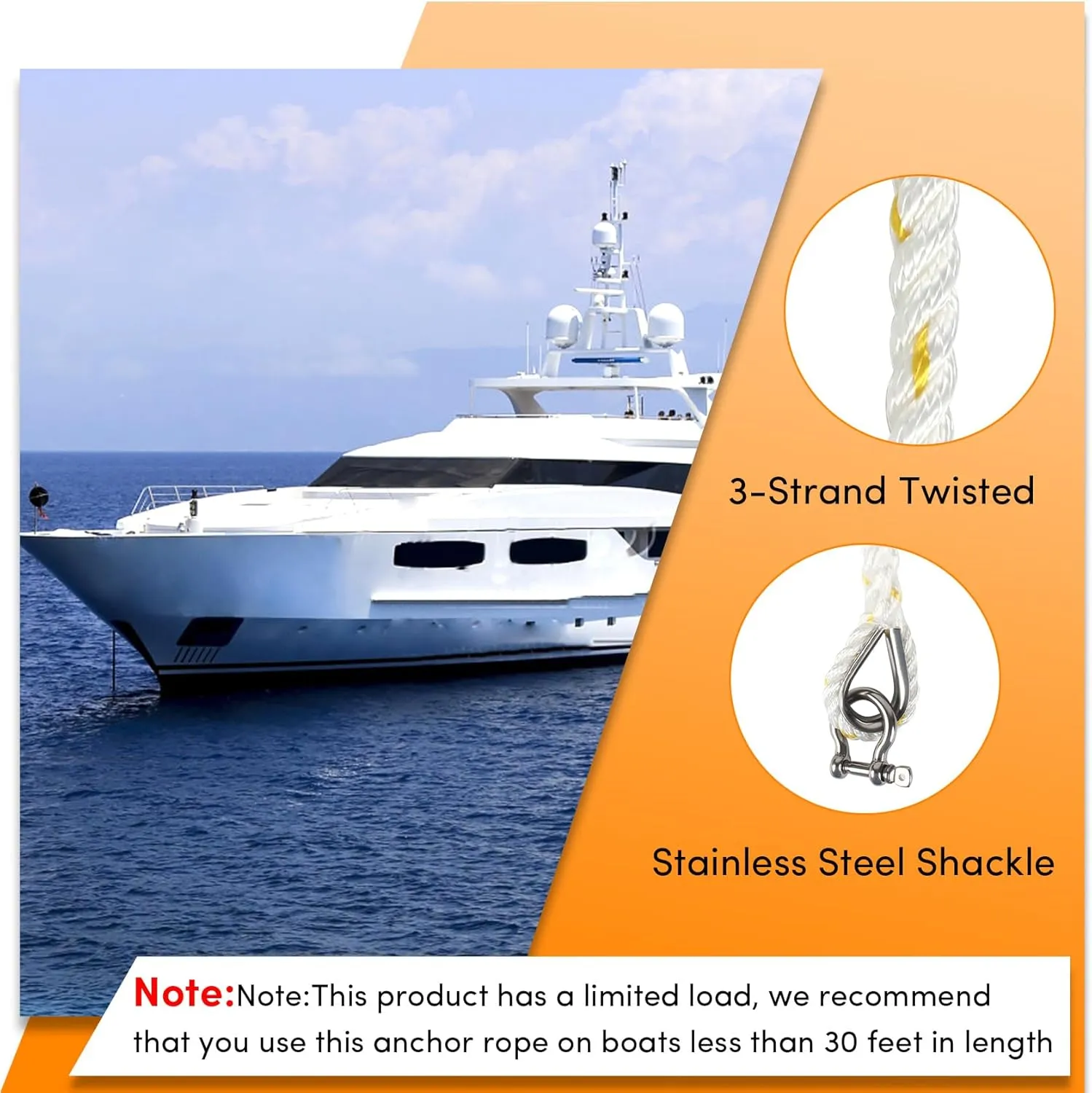Anchor Rope 100 ft X 1/2 inch, 3-Strand Twisted Nylon Anchor Line, Boat Rope with Stainless Steel Thimble and Shackle for Boating, Anchoring, Mooring,Pulling (White/Yellow)
