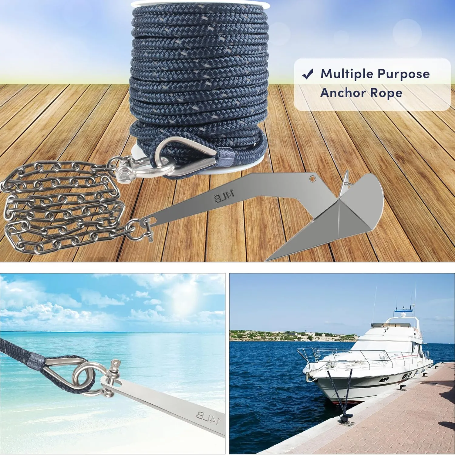 Anchor Rope 100 ft x 1/2 inch Navy Blue, Double Braided Anchor Line with Stainless Steel Thimble & Shackle, Boat Rope with Reflective Strip Ideal for Towing,Mooring,Anchoring,for Boat Up to 35'