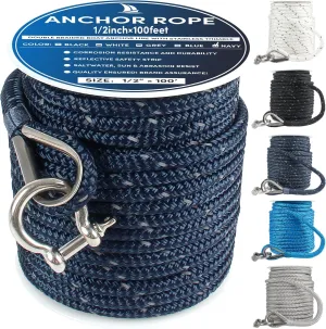 Anchor Rope 100 ft x 1/2 inch Navy Blue, Double Braided Anchor Line with Stainless Steel Thimble & Shackle, Boat Rope with Reflective Strip Ideal for Towing,Mooring,Anchoring,for Boat Up to 35'