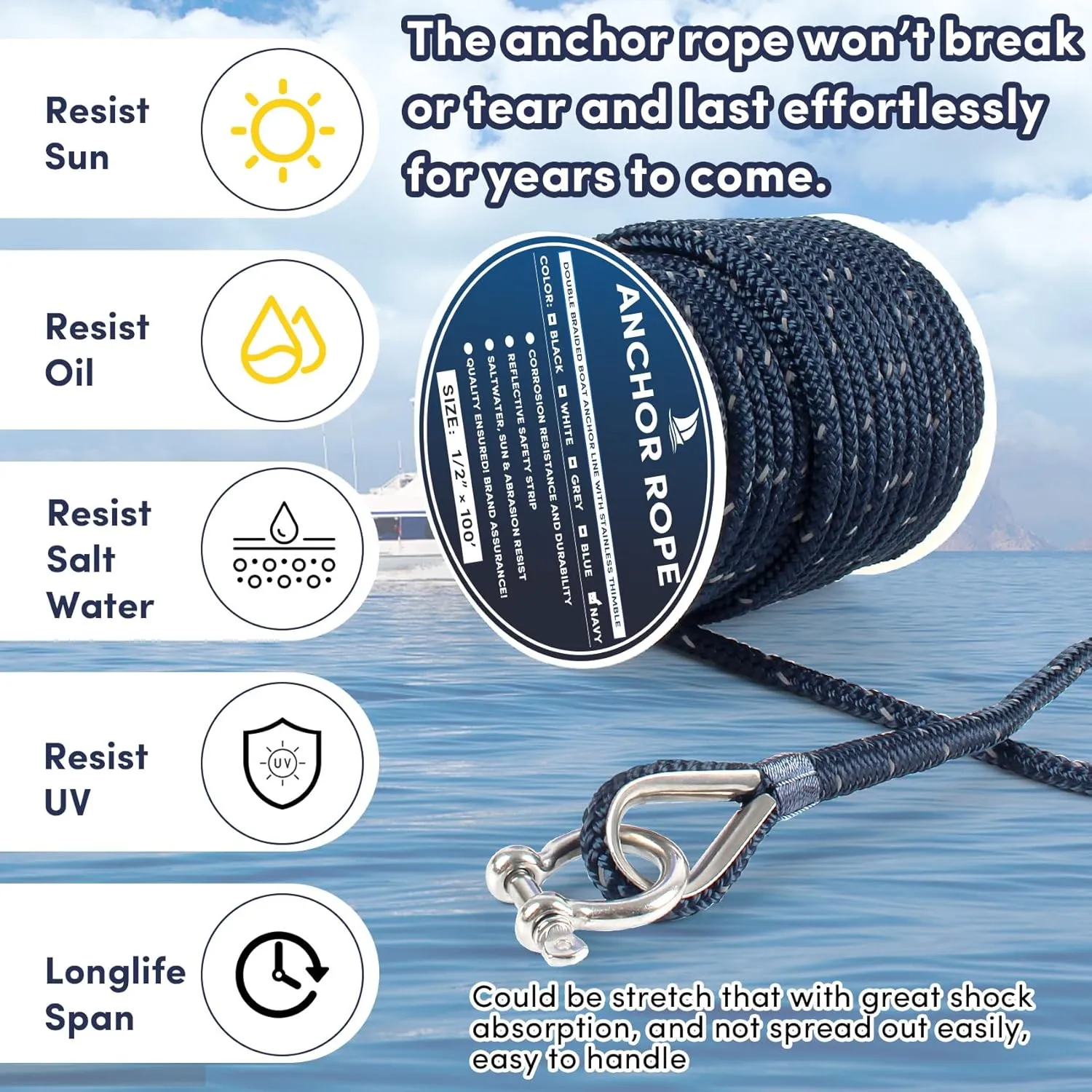 Anchor Rope 100 ft x 1/2 inch Navy Blue, Double Braided Anchor Line with Stainless Steel Thimble & Shackle, Boat Rope with Reflective Strip Ideal for Towing,Mooring,Anchoring,for Boat Up to 35'