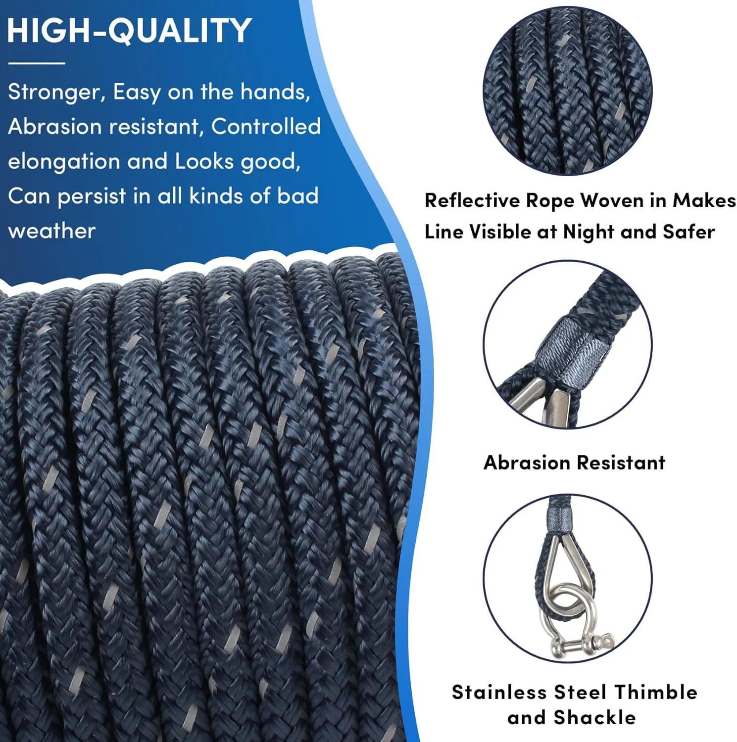 Anchor Rope 100 ft x 1/2 inch Navy Blue, Double Braided Anchor Line with Stainless Steel Thimble & Shackle, Boat Rope with Reflective Strip Ideal for Towing,Mooring,Anchoring,for Boat Up to 35'