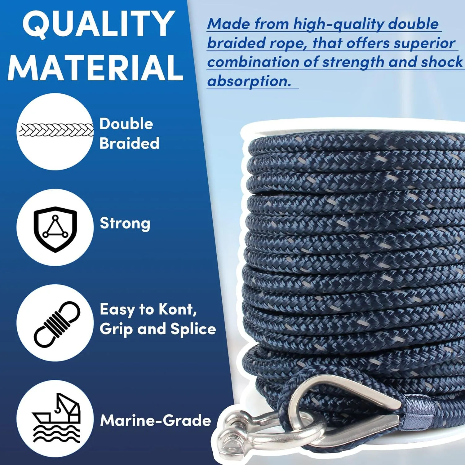 Anchor Rope 100 ft x 1/2 inch Navy Blue, Double Braided Anchor Line with Stainless Steel Thimble & Shackle, Boat Rope with Reflective Strip Ideal for Towing,Mooring,Anchoring,for Boat Up to 35'