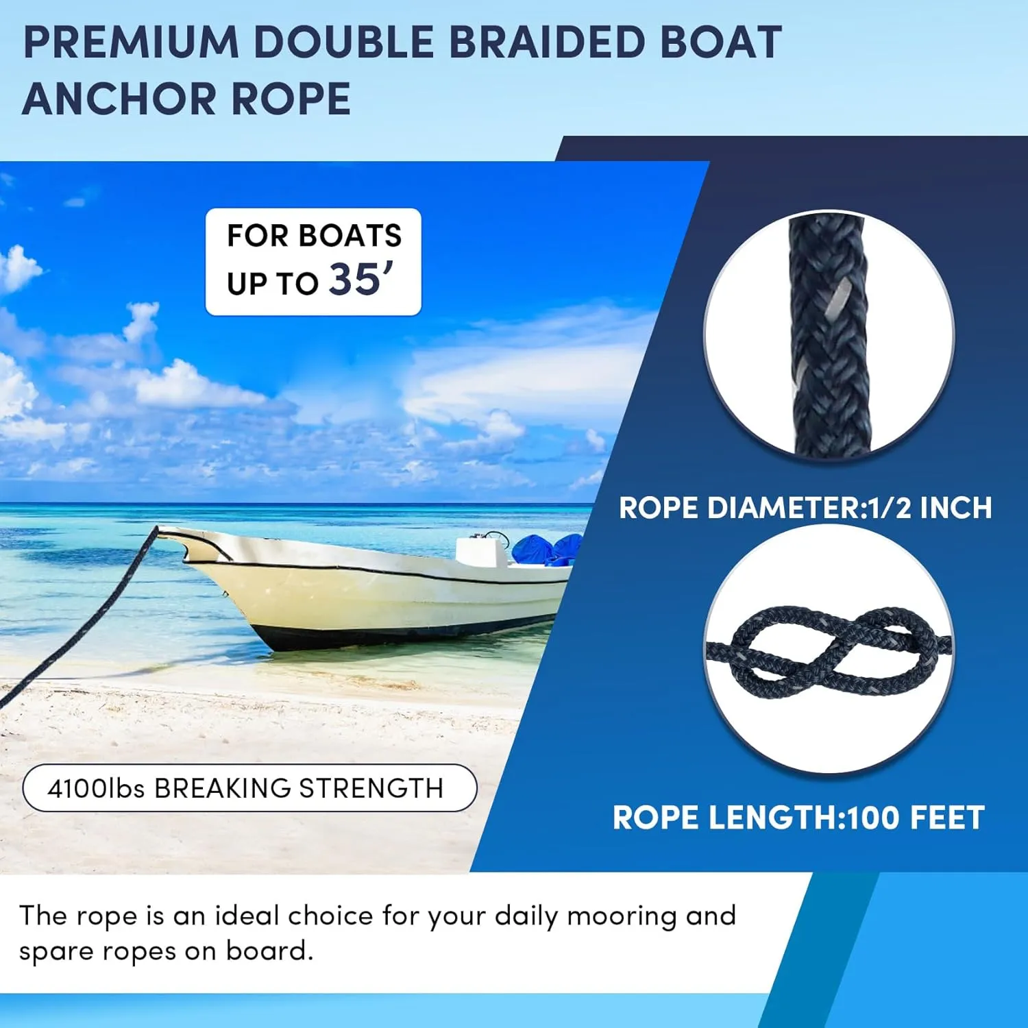 Anchor Rope 100 ft x 1/2 inch Navy Blue, Double Braided Anchor Line with Stainless Steel Thimble & Shackle, Boat Rope with Reflective Strip Ideal for Towing,Mooring,Anchoring,for Boat Up to 35'