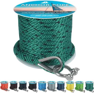 Anchor Rope 50 ft x 3/8 inch, Premium Solid Braid MFP Anchor Line, Boat Anchor Rope with 316 Stainless Steel Thimble & Shackle, Forest Green and Black