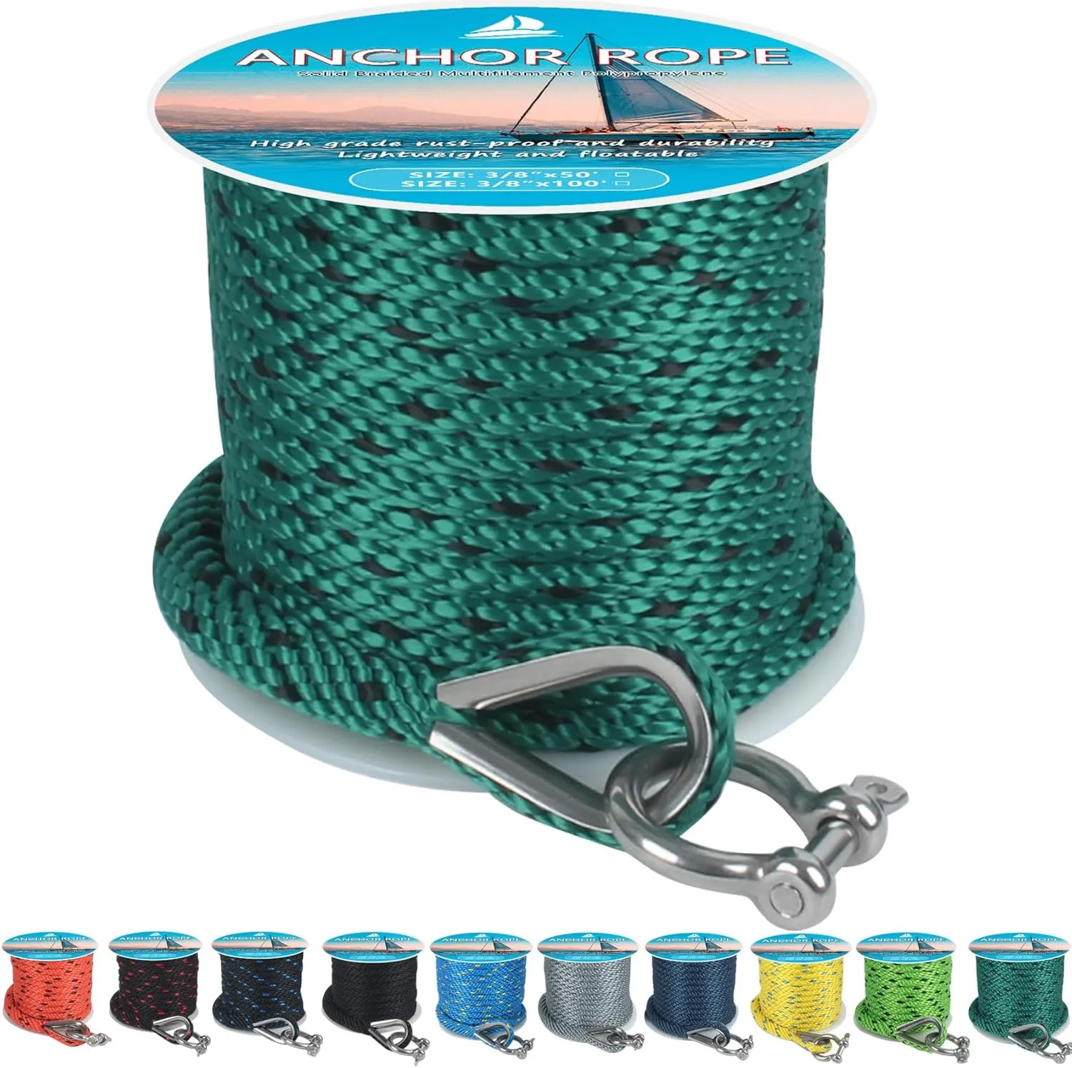 Anchor Rope 50 ft x 3/8 inch, Premium Solid Braid MFP Anchor Line, Boat Anchor Rope with 316 Stainless Steel Thimble & Shackle, Forest Green and Black