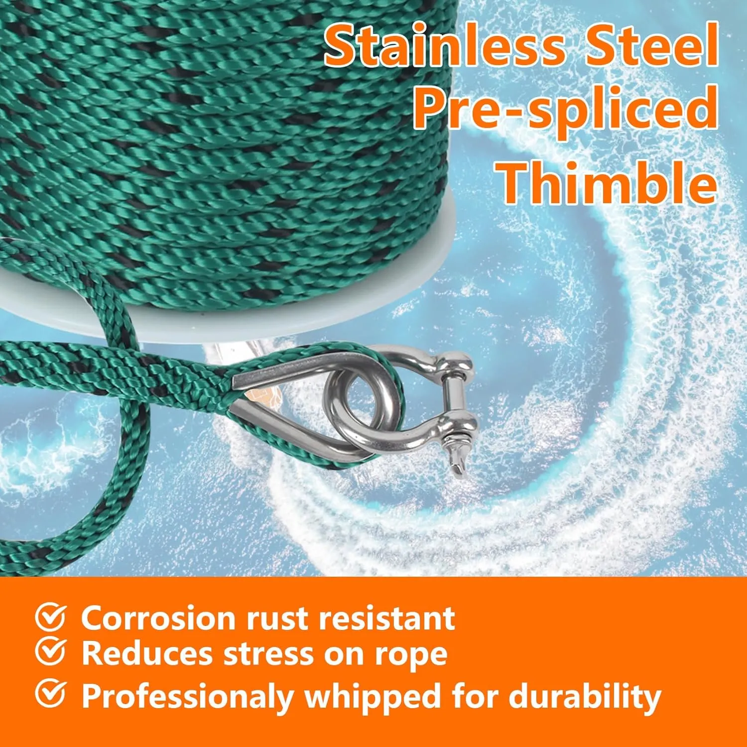 Anchor Rope 50 ft x 3/8 inch, Premium Solid Braid MFP Anchor Line, Boat Anchor Rope with 316 Stainless Steel Thimble & Shackle, Forest Green and Black