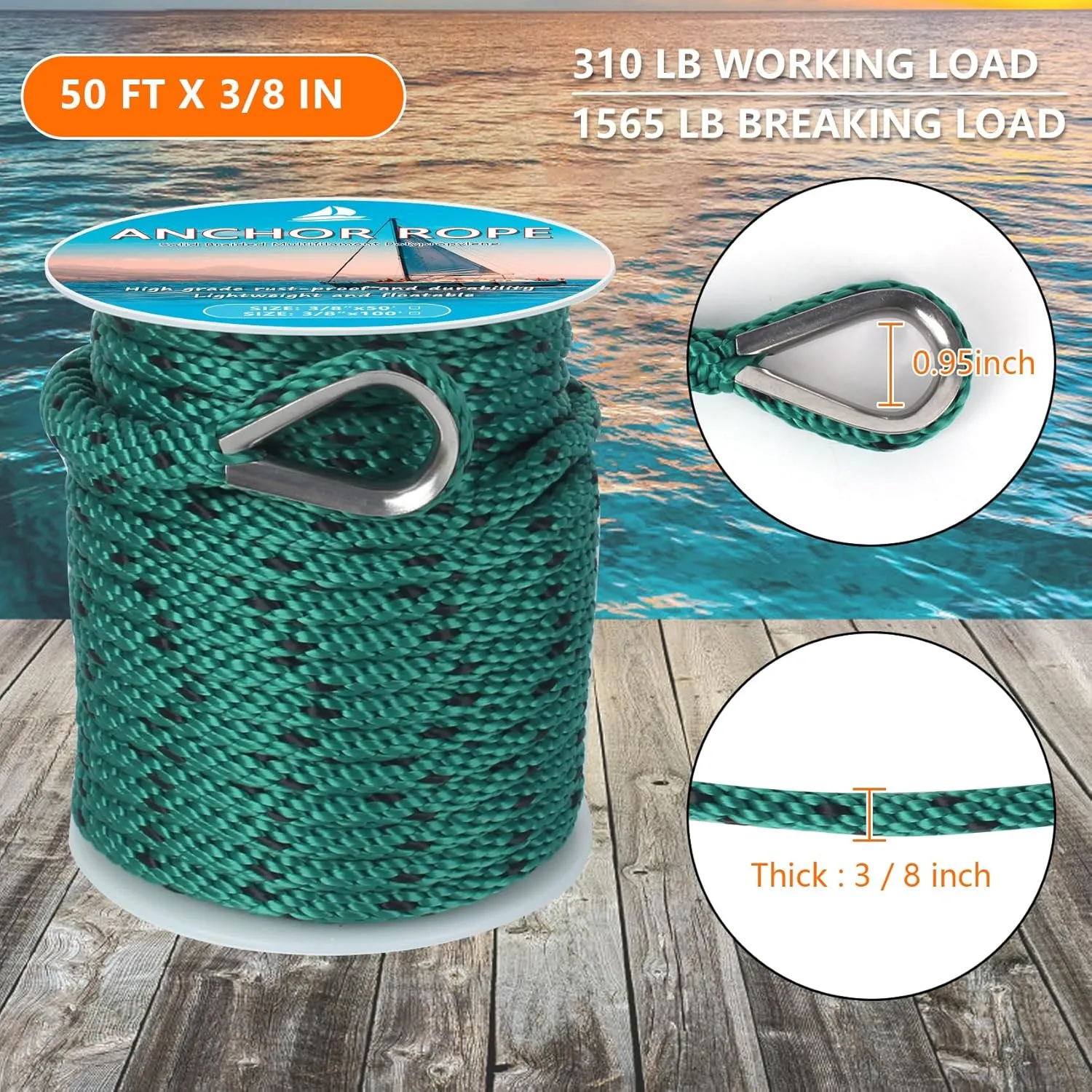 Anchor Rope 50 ft x 3/8 inch, Premium Solid Braid MFP Anchor Line, Boat Anchor Rope with 316 Stainless Steel Thimble & Shackle, Forest Green and Black