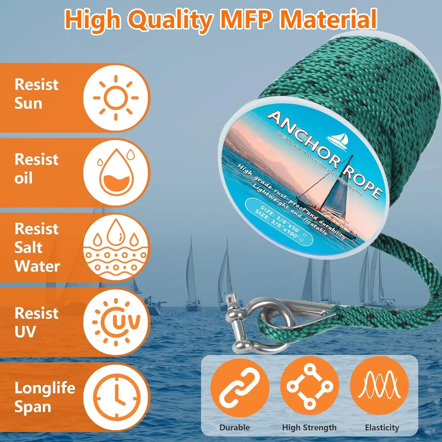 Anchor Rope 50 ft x 3/8 inch, Premium Solid Braid MFP Anchor Line, Boat Anchor Rope with 316 Stainless Steel Thimble & Shackle, Forest Green and Black