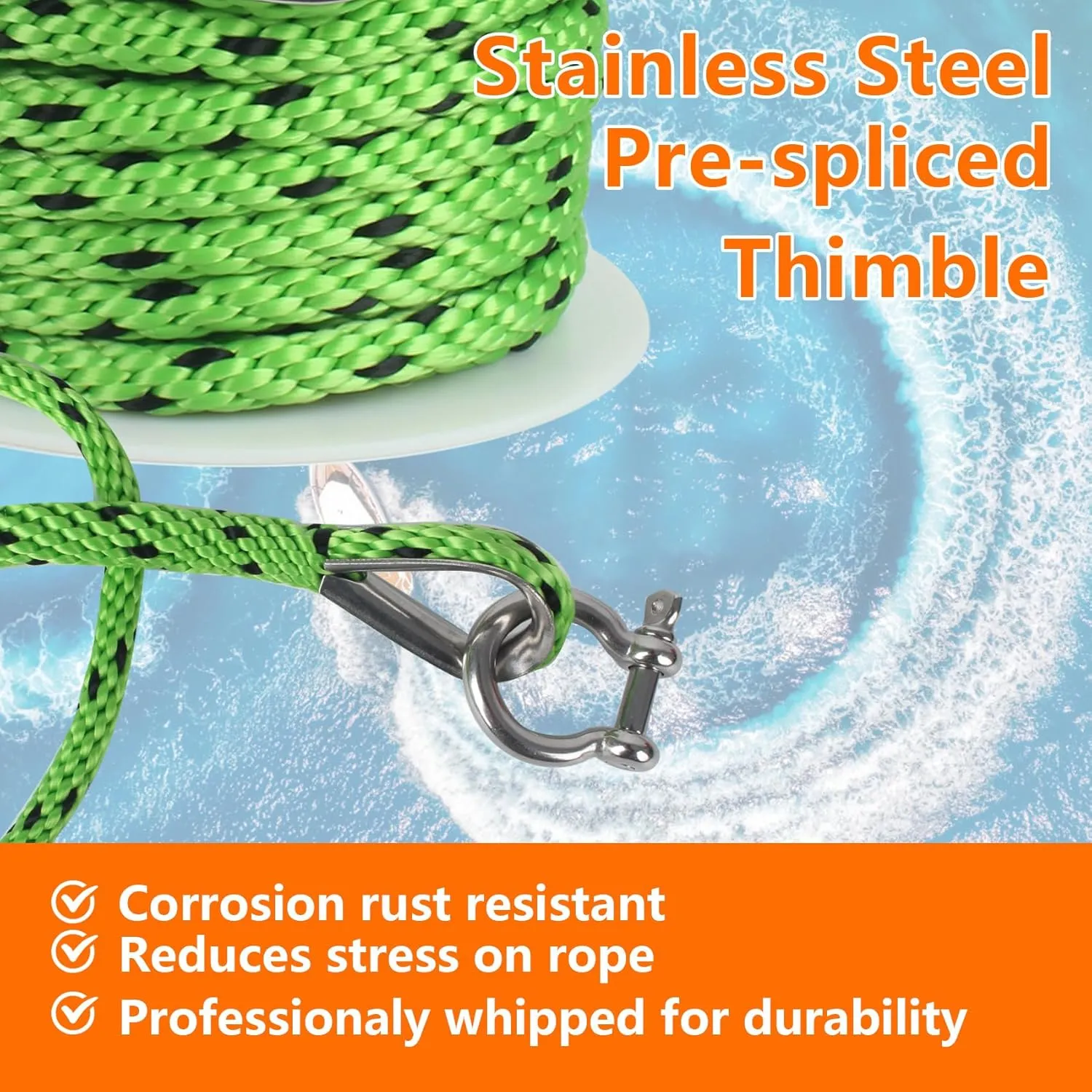 Anchor Rope 50 ft x 3/8 inch, Premium Solid Braid MFP Anchor Line, Boat Anchor Rope with 316 Stainless Steel Thimble & Shackle, Green and Black