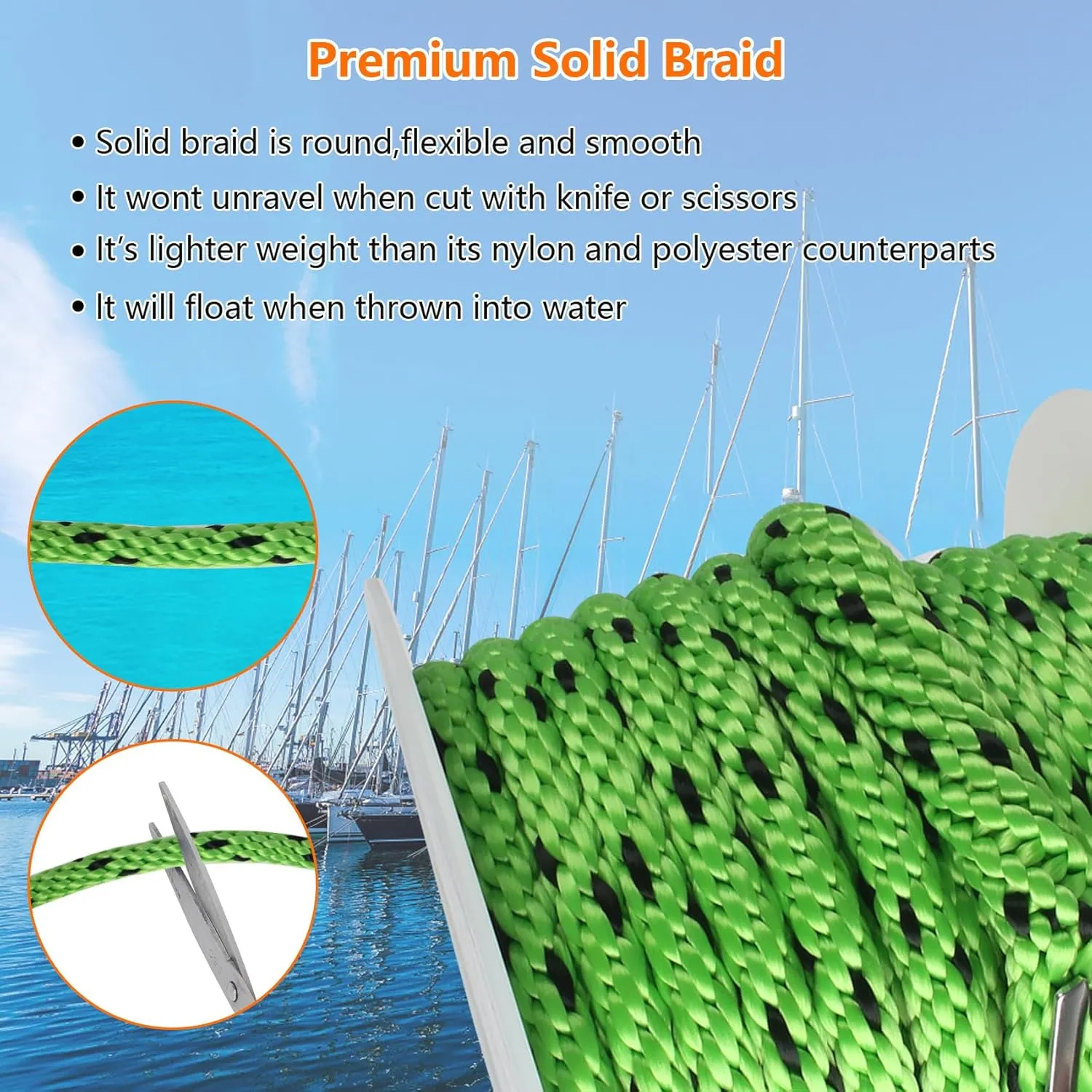 Anchor Rope 50 ft x 3/8 inch, Premium Solid Braid MFP Anchor Line, Boat Anchor Rope with 316 Stainless Steel Thimble & Shackle, Green and Black