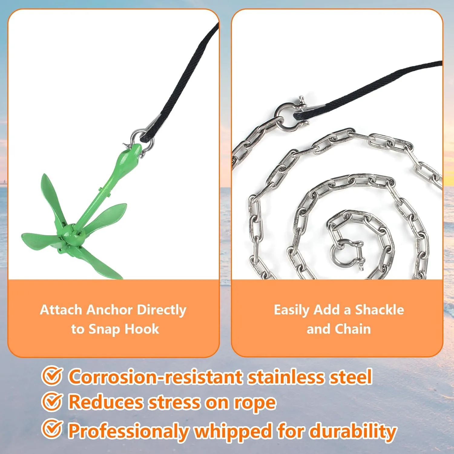 Anchor Rope 50 ft x 3/8 inch, Premium Solid Braid MFP Anchor Line, Boat Anchor Rope with 316 Stainless Steel Thimble & Shackle, Green and Black
