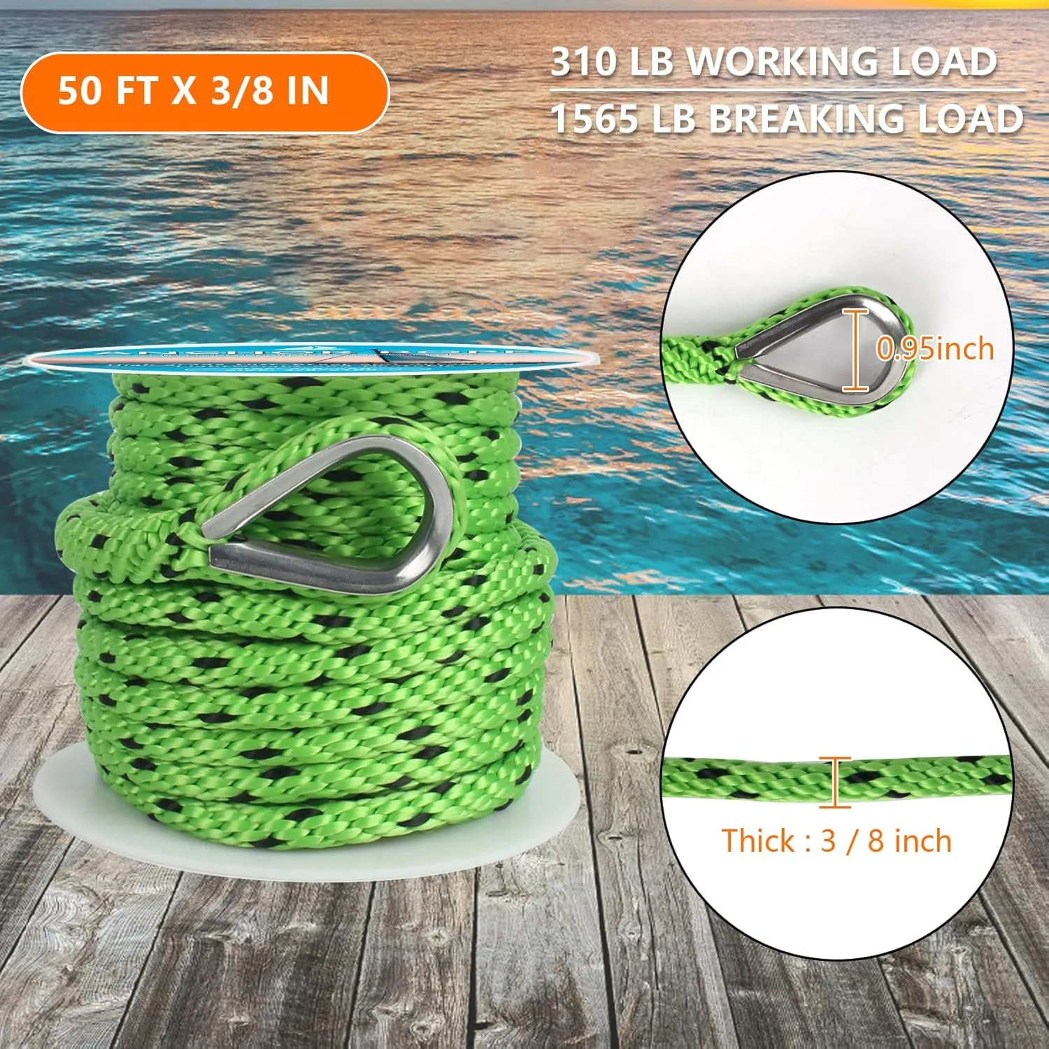 Anchor Rope 50 ft x 3/8 inch, Premium Solid Braid MFP Anchor Line, Boat Anchor Rope with 316 Stainless Steel Thimble & Shackle, Green and Black