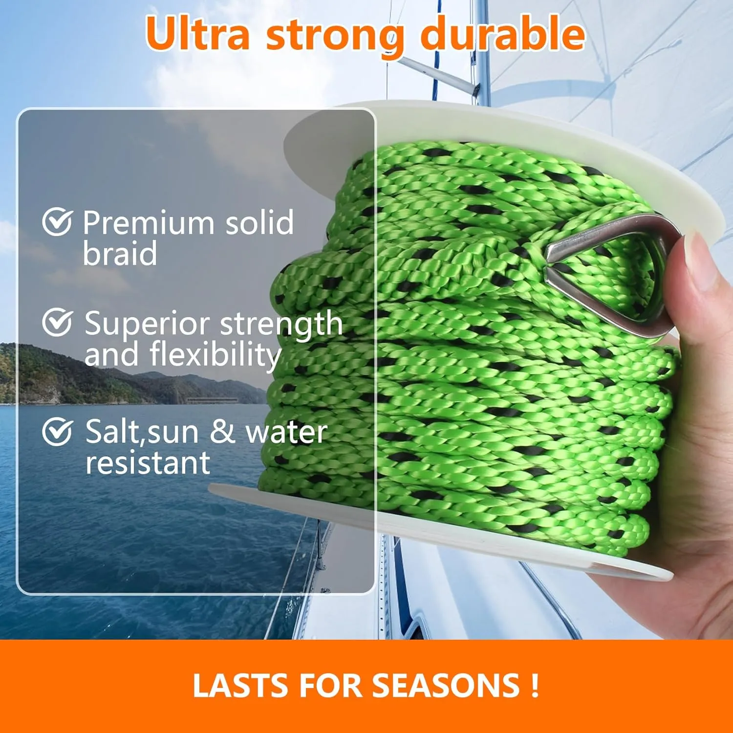 Anchor Rope 50 ft x 3/8 inch, Premium Solid Braid MFP Anchor Line, Boat Anchor Rope with 316 Stainless Steel Thimble & Shackle, Green and Black