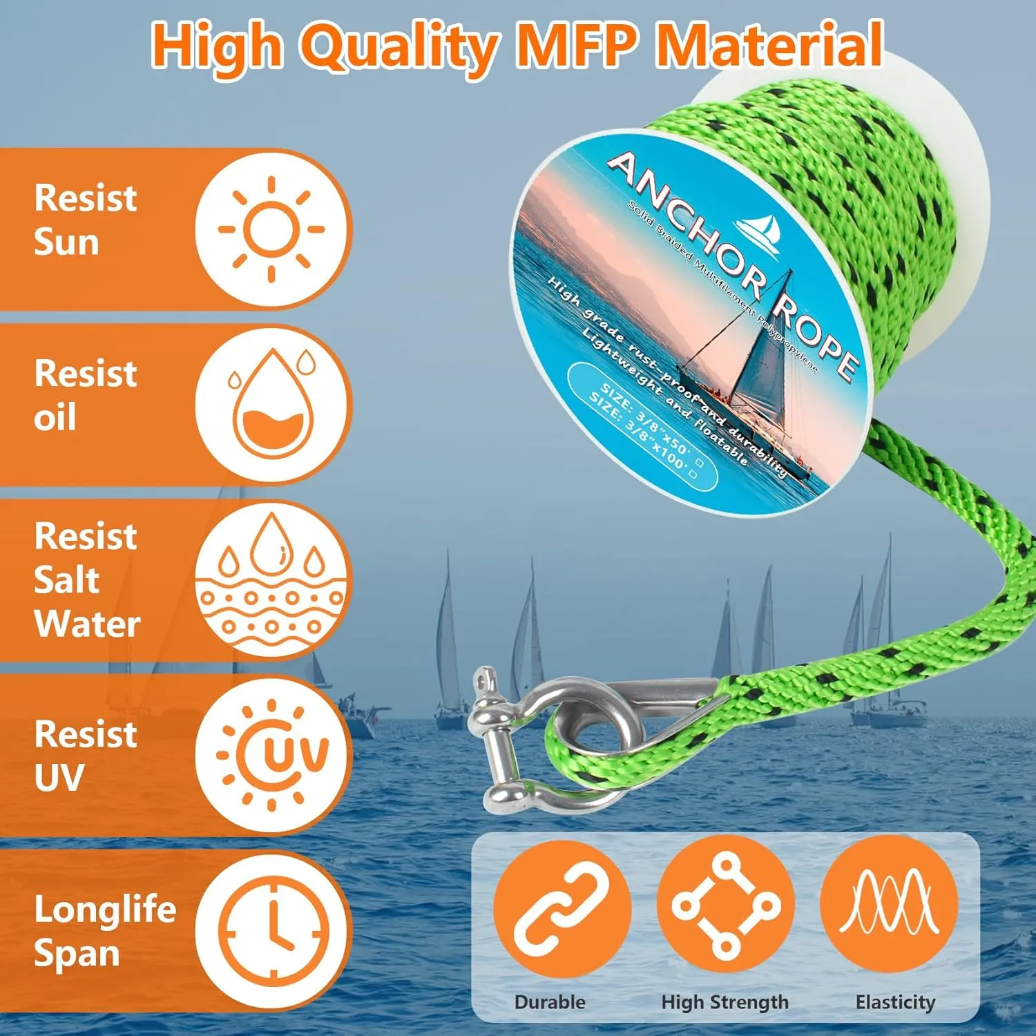 Anchor Rope 50 ft x 3/8 inch, Premium Solid Braid MFP Anchor Line, Boat Anchor Rope with 316 Stainless Steel Thimble & Shackle, Green and Black