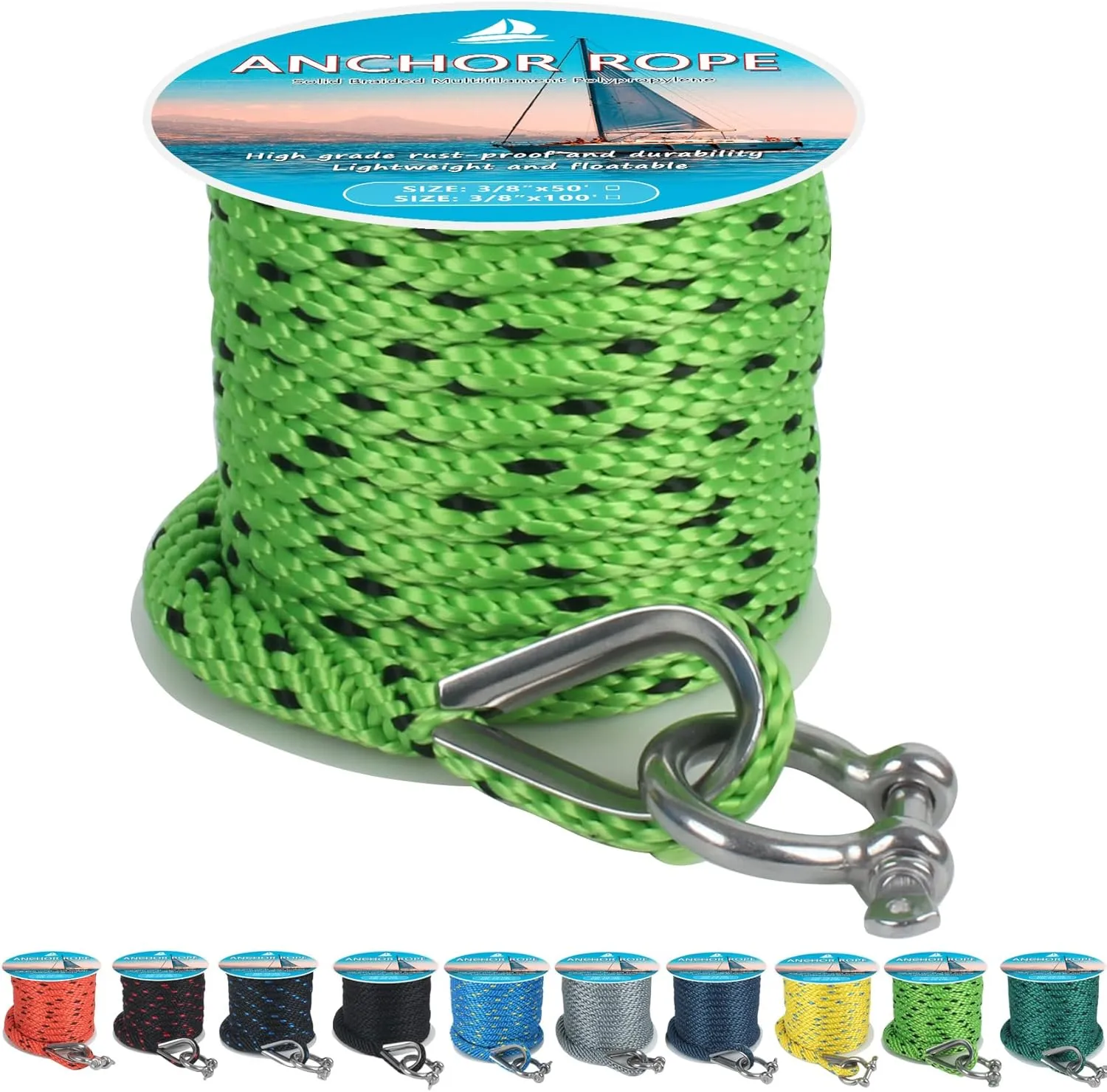 Anchor Rope 50 ft x 3/8 inch, Premium Solid Braid MFP Anchor Line, Boat Anchor Rope with 316 Stainless Steel Thimble & Shackle, Green and Black