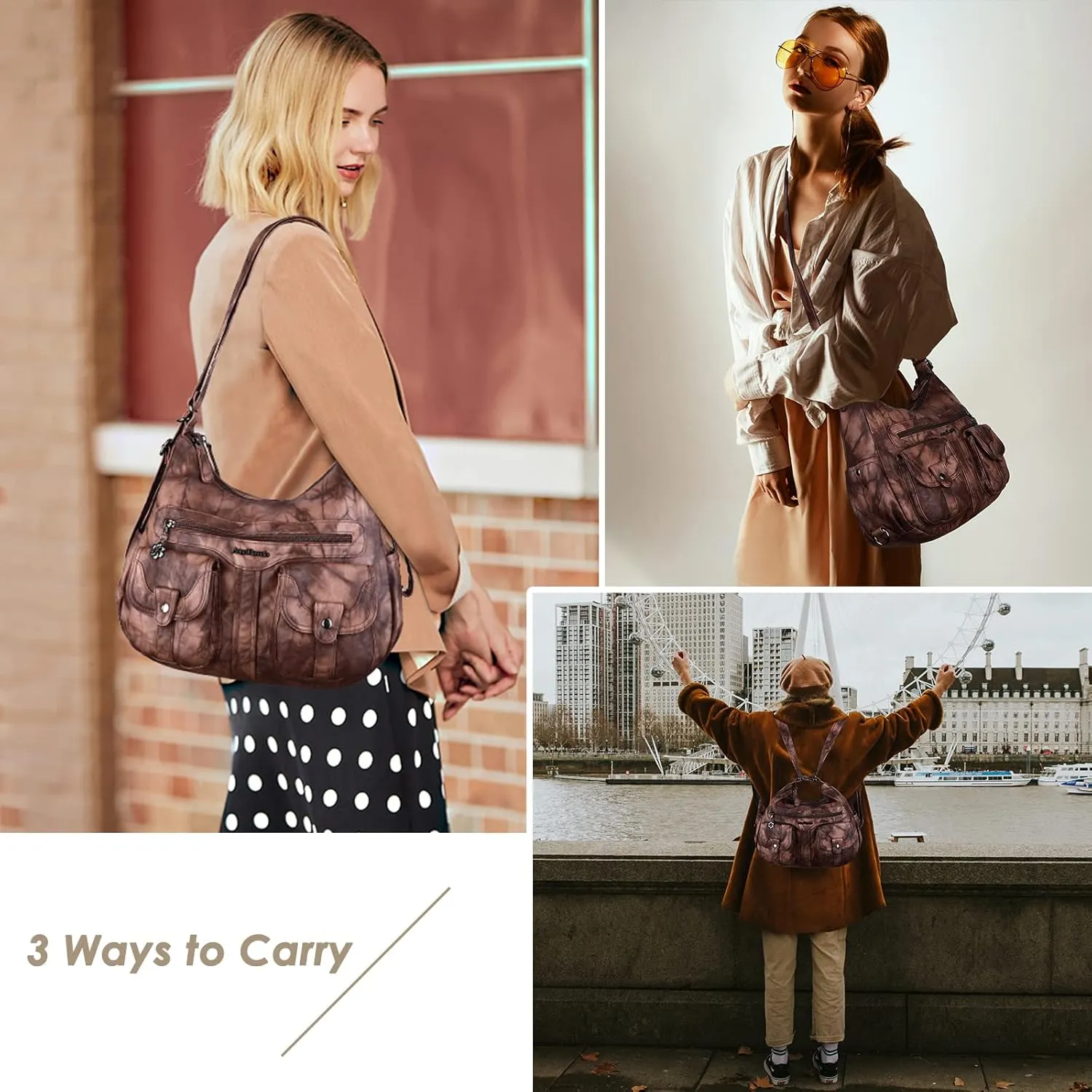 Angel Barcelo Women Multifunctional Soft Leather Handbag Purses Shoulder Hobo Backpack Crossbody Zipper Bag with Pocket