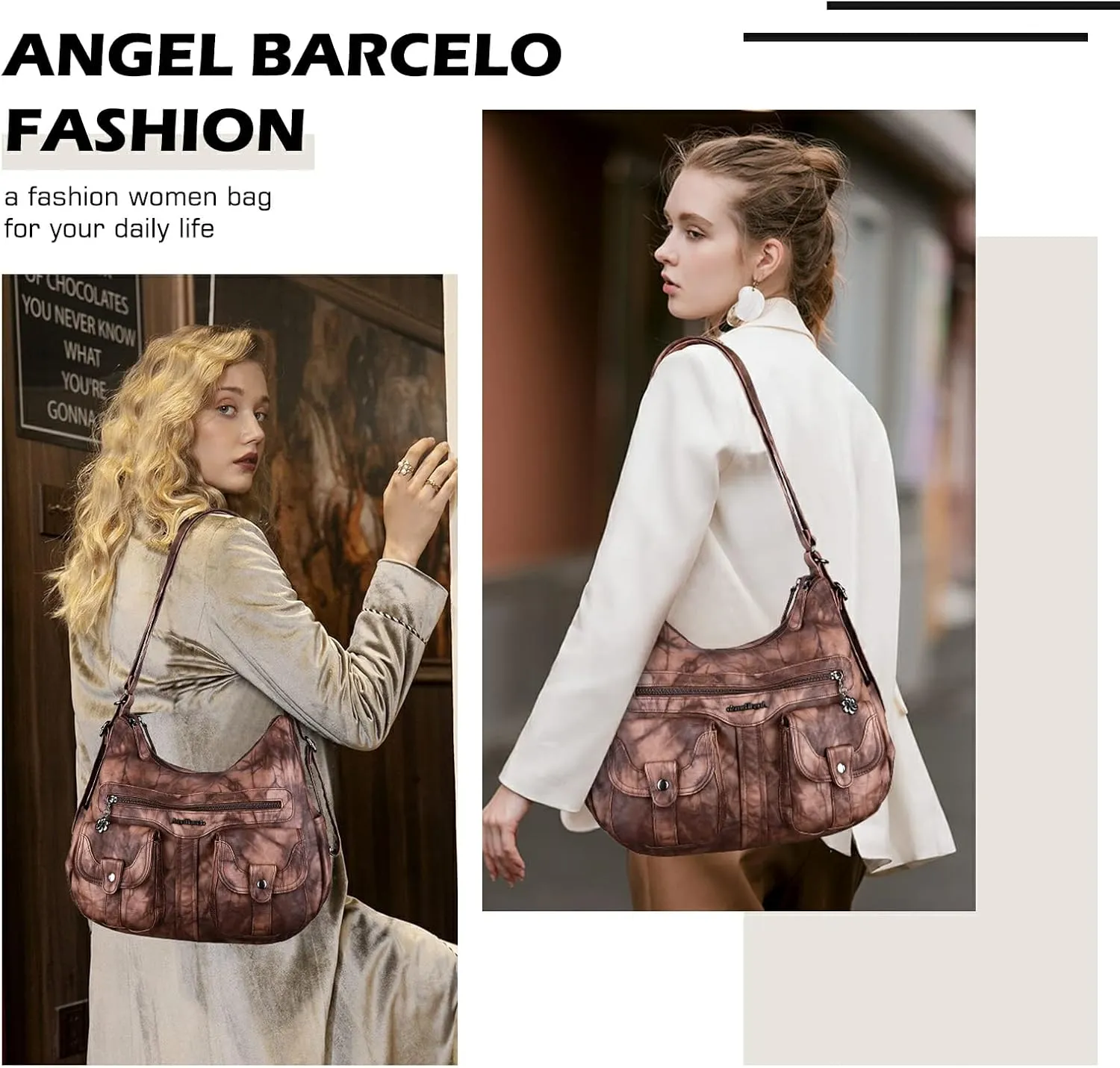 Angel Barcelo Women Multifunctional Soft Leather Handbag Purses Shoulder Hobo Backpack Crossbody Zipper Bag with Pocket