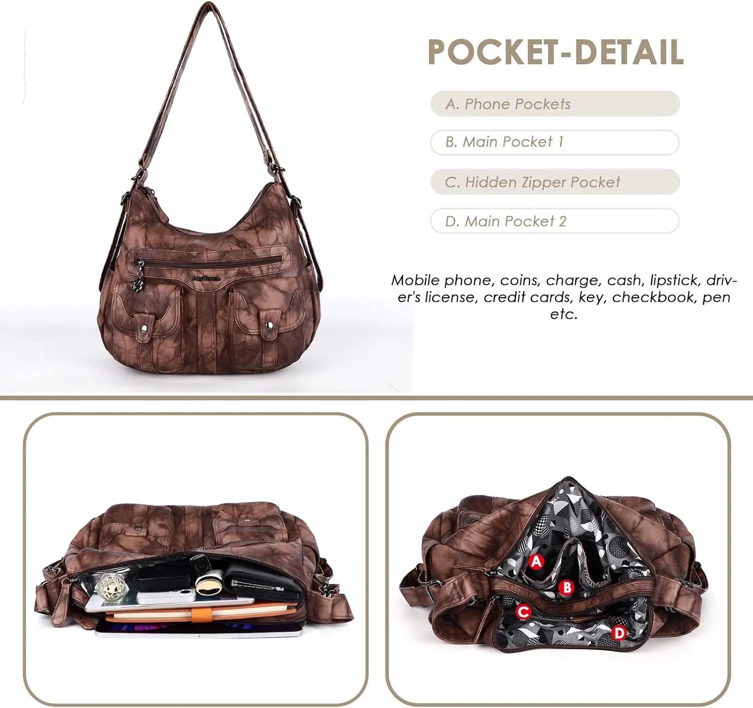 Angel Barcelo Women Multifunctional Soft Leather Handbag Purses Shoulder Hobo Backpack Crossbody Zipper Bag with Pocket