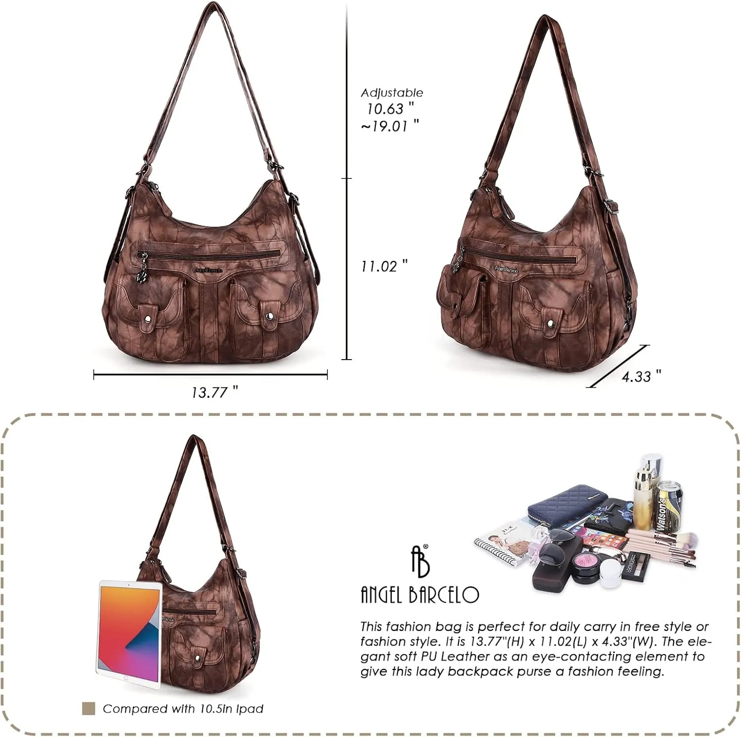 Angel Barcelo Women Multifunctional Soft Leather Handbag Purses Shoulder Hobo Backpack Crossbody Zipper Bag with Pocket