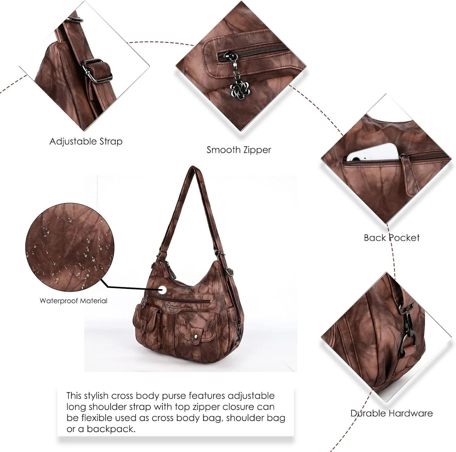 Angel Barcelo Women Multifunctional Soft Leather Handbag Purses Shoulder Hobo Backpack Crossbody Zipper Bag with Pocket