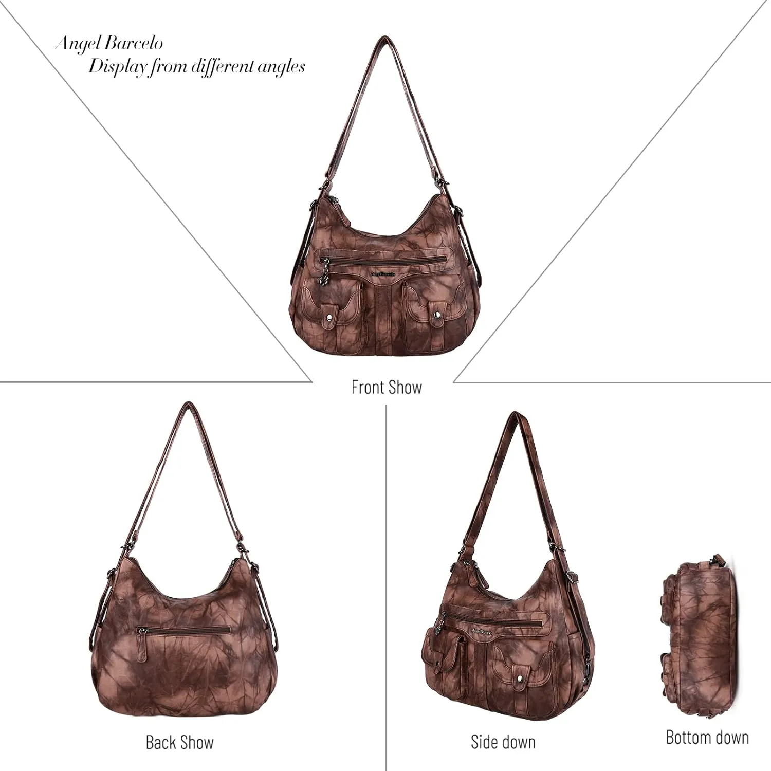 Angel Barcelo Women Multifunctional Soft Leather Handbag Purses Shoulder Hobo Backpack Crossbody Zipper Bag with Pocket