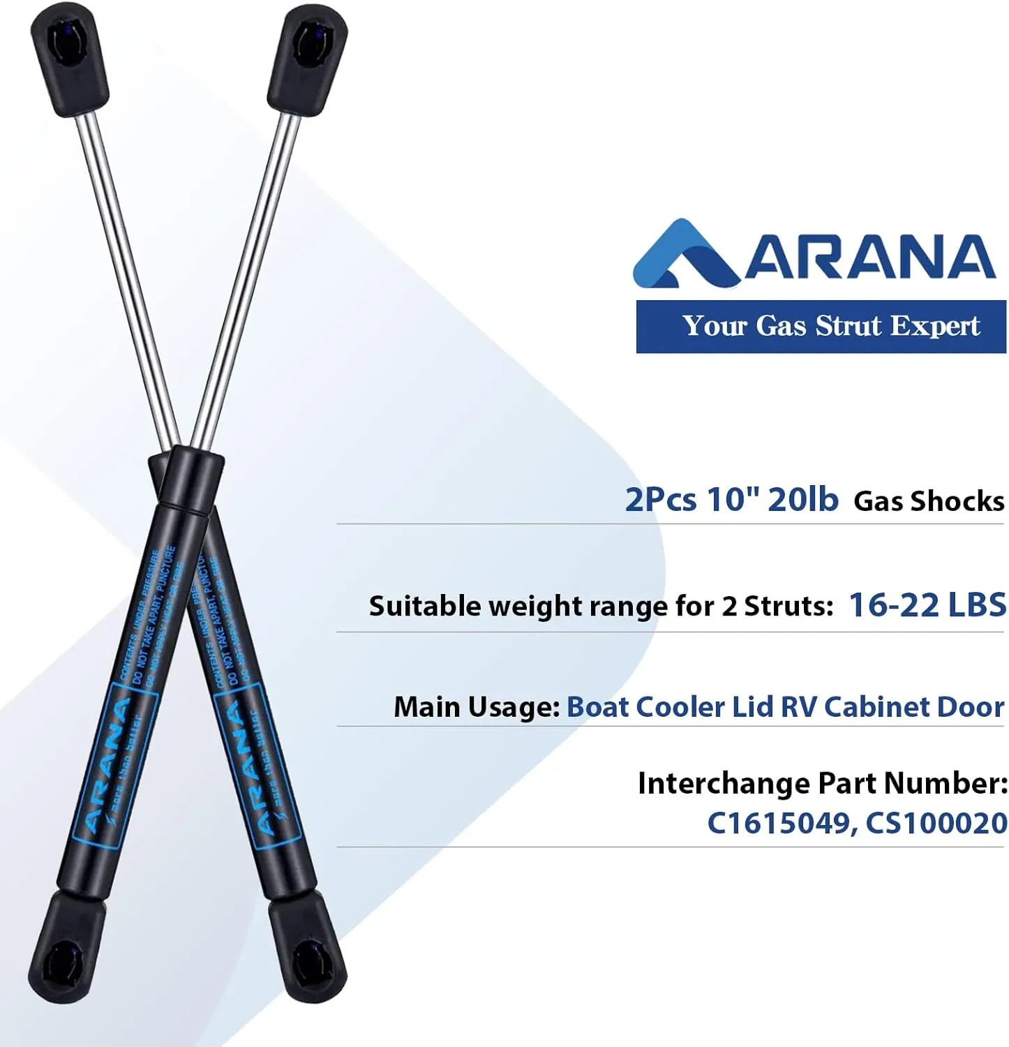ARANA 10 inch 20LB/89N Gas Strut Shocks Lift Supports for Ranger Boat Hatch Boat Rod Locker Cooler Snap Box RV Cabinet Door Camlocker Toolbox Lid, 2pcs (Suitable Support Weight 16-22LB)