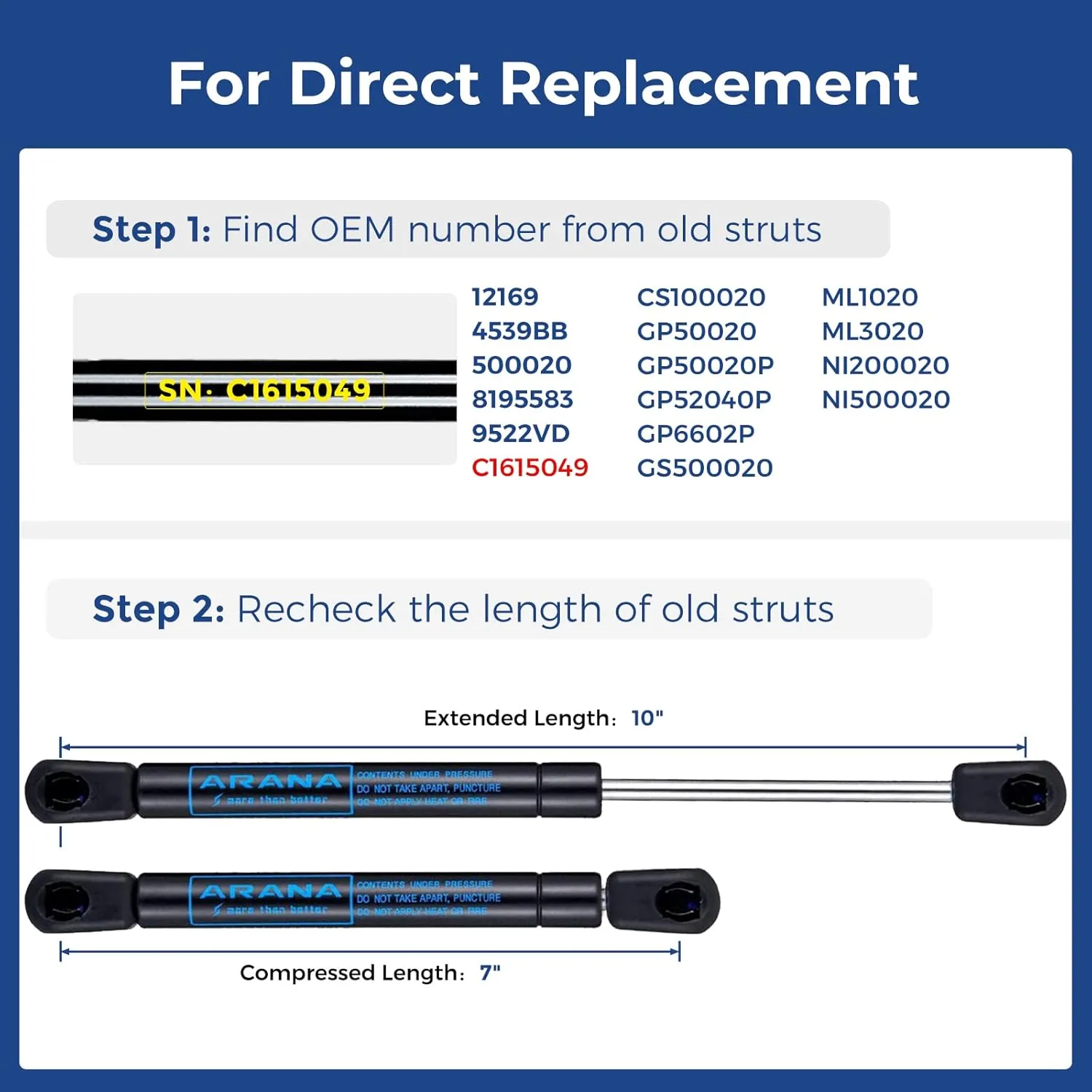 ARANA 10 inch 20LB/89N Gas Strut Shocks Lift Supports for Ranger Boat Hatch Boat Rod Locker Cooler Snap Box RV Cabinet Door Camlocker Toolbox Lid, 2pcs (Suitable Support Weight 16-22LB)