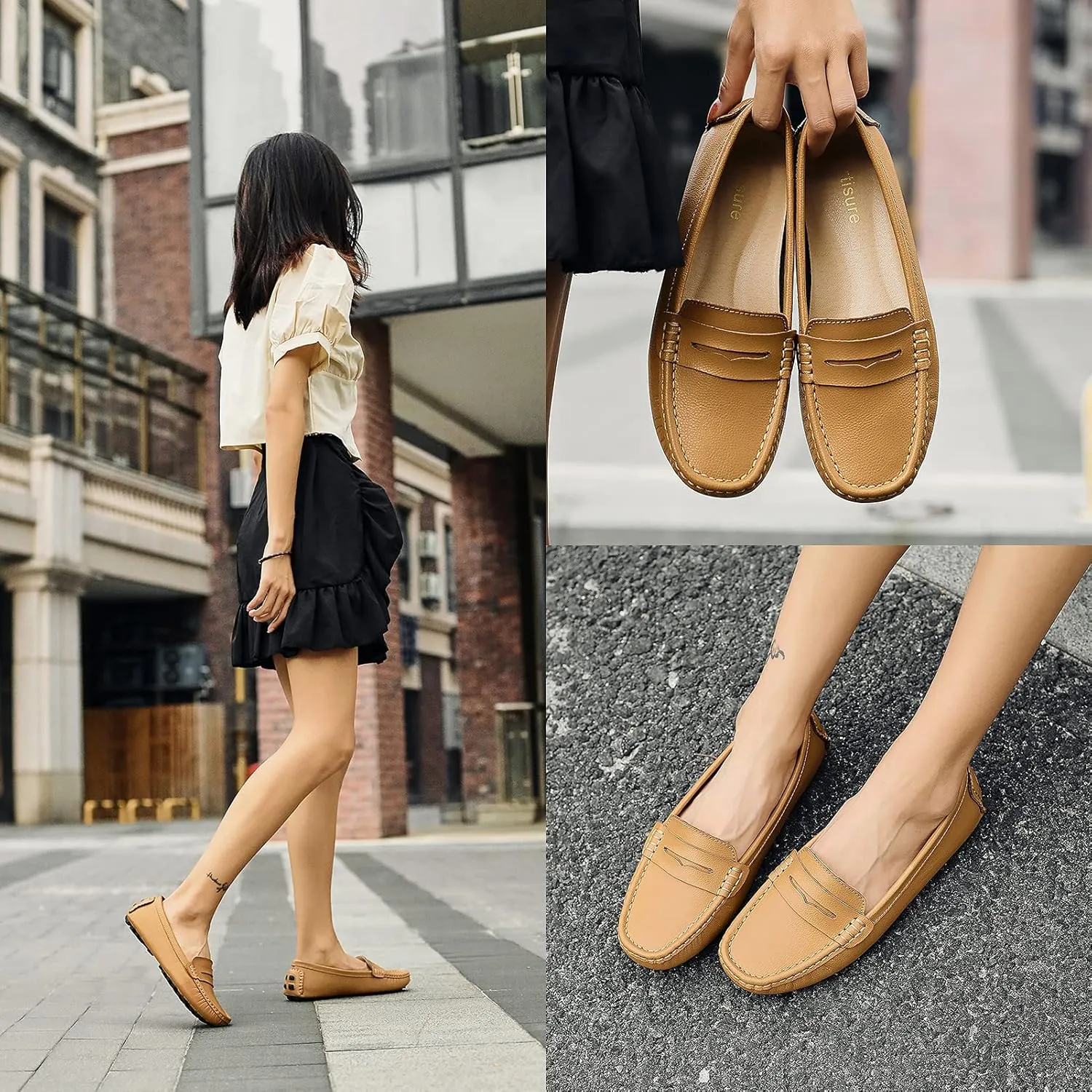 Artisure Women's Classic Comfort Leather Penny Loafers Casual Slip-Ons Lightweight Walking Flats Driving Mocs Boat Shoes