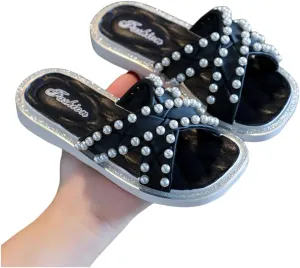 BaronHong Girls Soft Polka Dot Bow Pearl Slip-On Platform Slides Sandals Summer Flatform Sandals