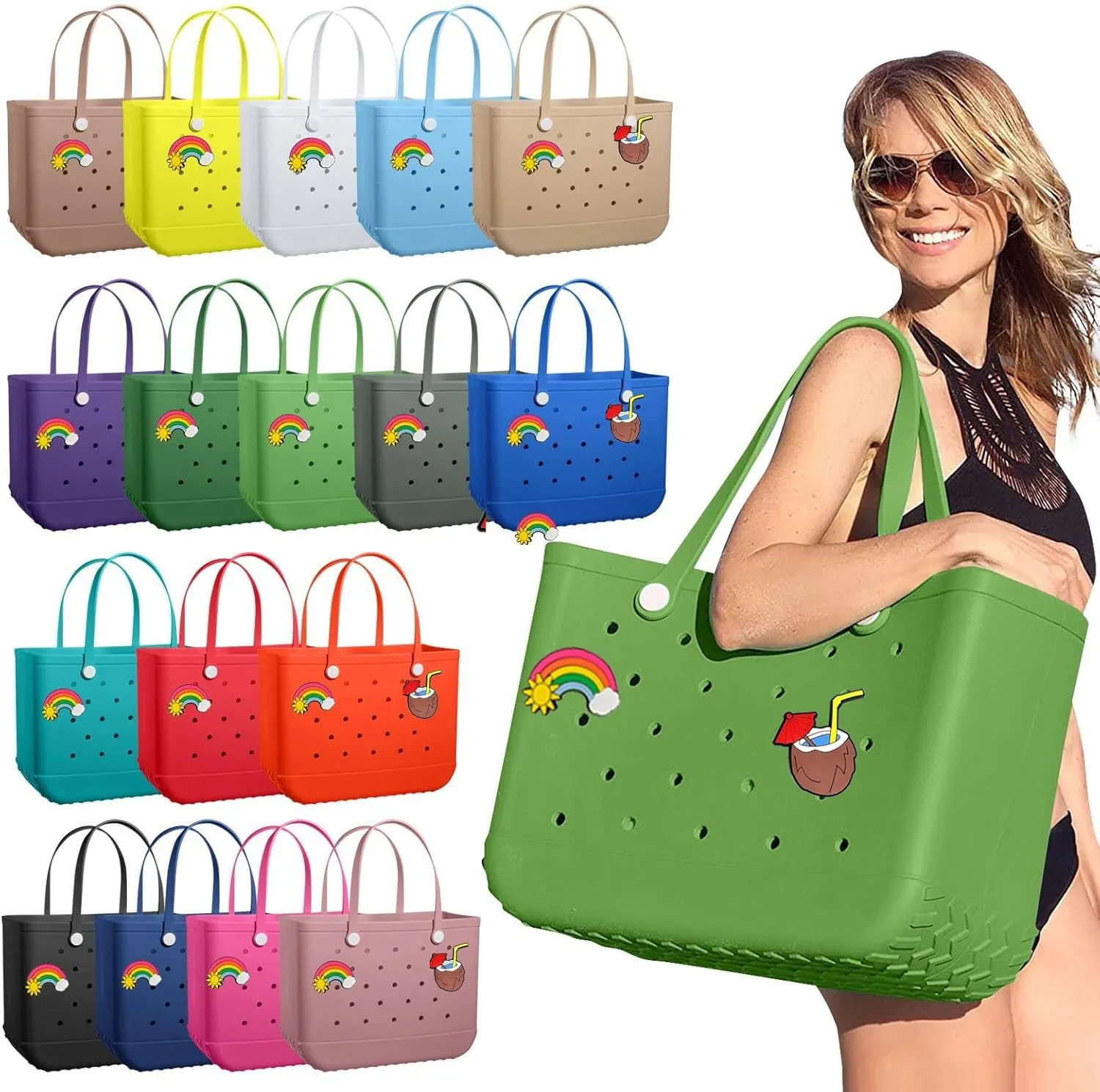 Beach Bag for Women 2025 Summer Water-Resistant Rubber Tote Bag, Sandproof Vacation Essentials All Purpose EVA for Swim Cruise Pool(Beige)