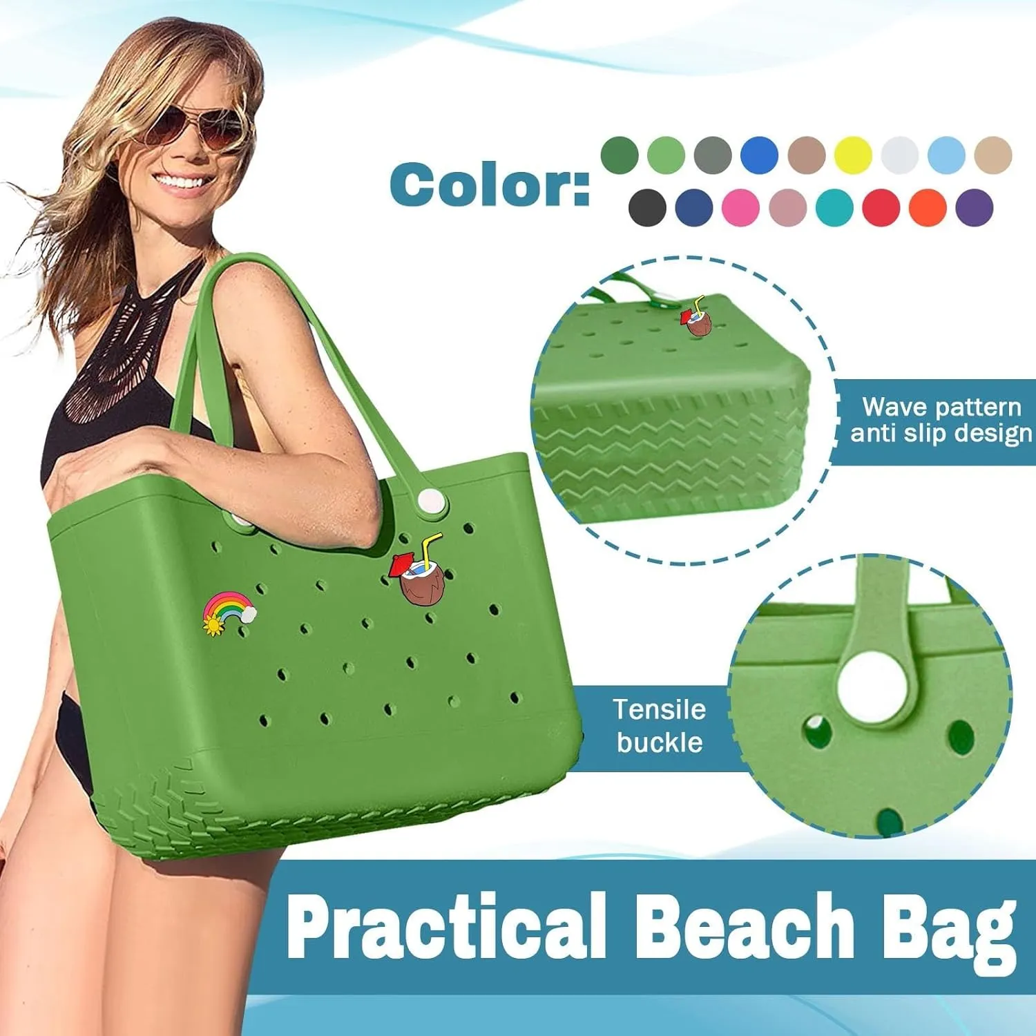 Beach Bag for Women 2025 Summer Water-Resistant Rubber Tote Bag, Sandproof Vacation Essentials All Purpose EVA for Swim Cruise Pool(Beige)
