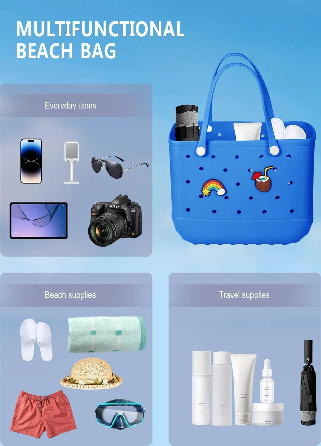 Beach Bag Rubber Tote Bag - Waterproof Travel Bag for Women Washable Tote Bag Handbag for Sports Beach Market Pool