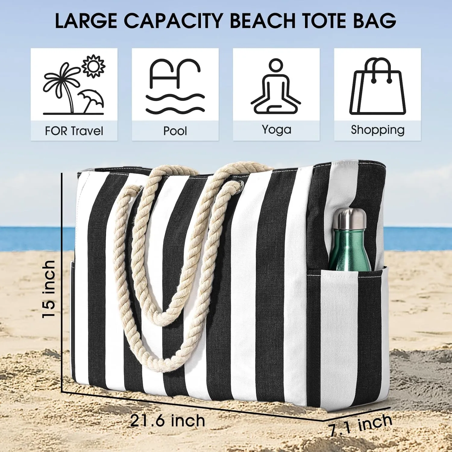 Becokan Women's Pool Swim Bag - Waterproof Sandproof Large Stripe Beach Tote with Zipper