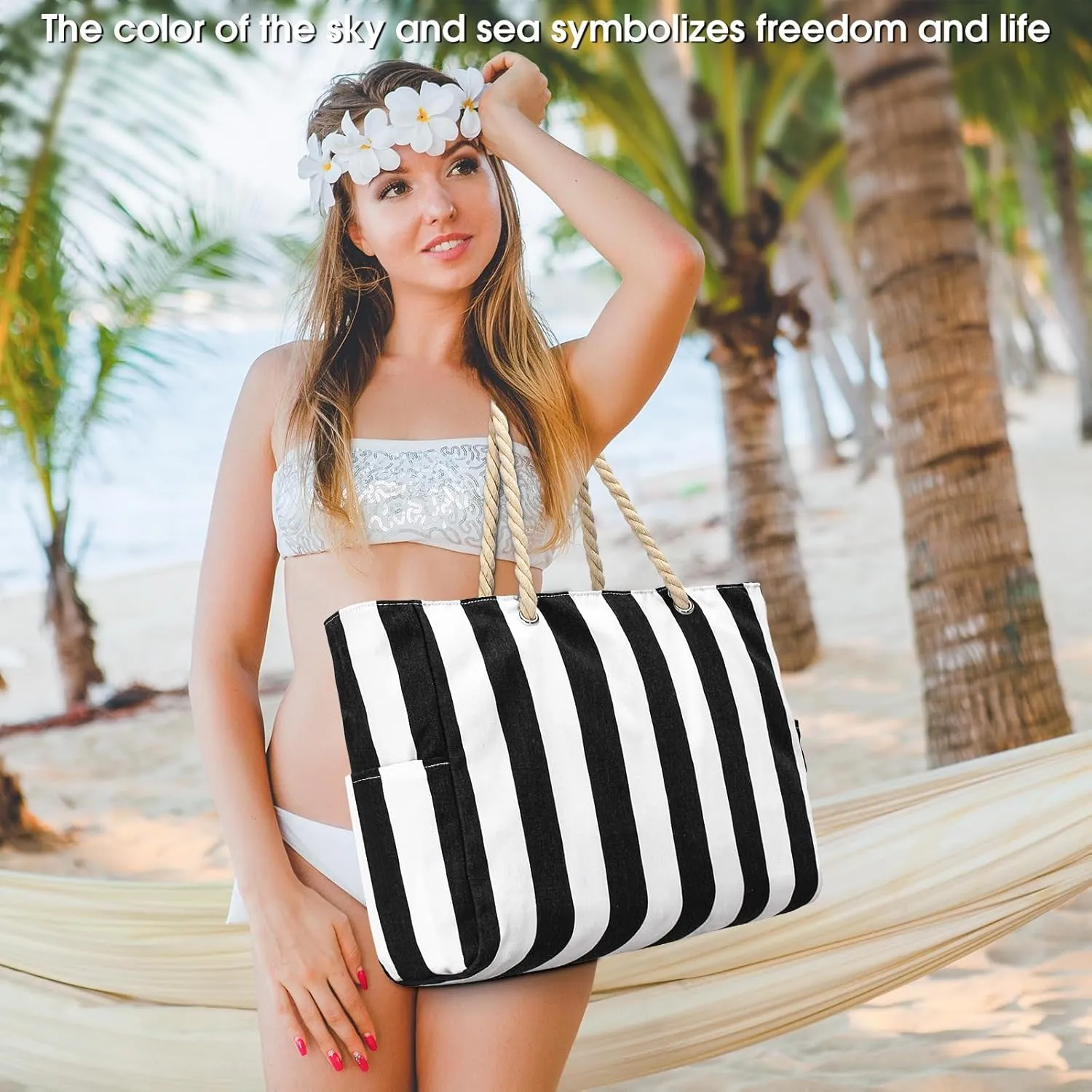 Becokan Women's Pool Swim Bag - Waterproof Sandproof Large Stripe Beach Tote with Zipper