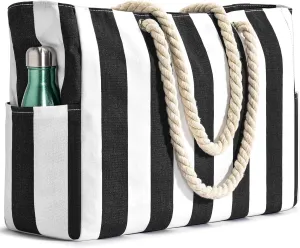 Becokan Women's Pool Swim Bag - Waterproof Sandproof Large Stripe Beach Tote with Zipper
